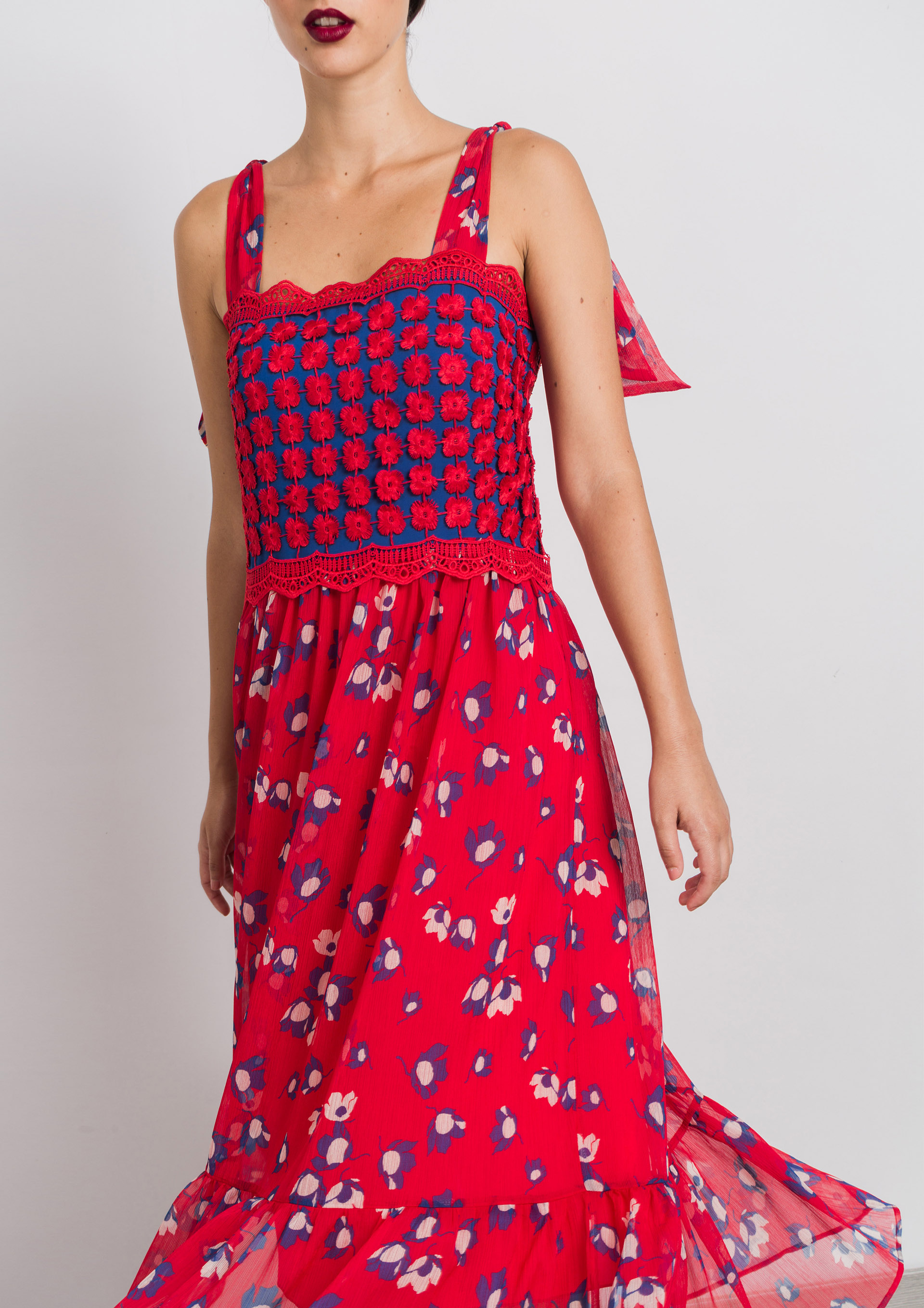 Red floral print midi dress