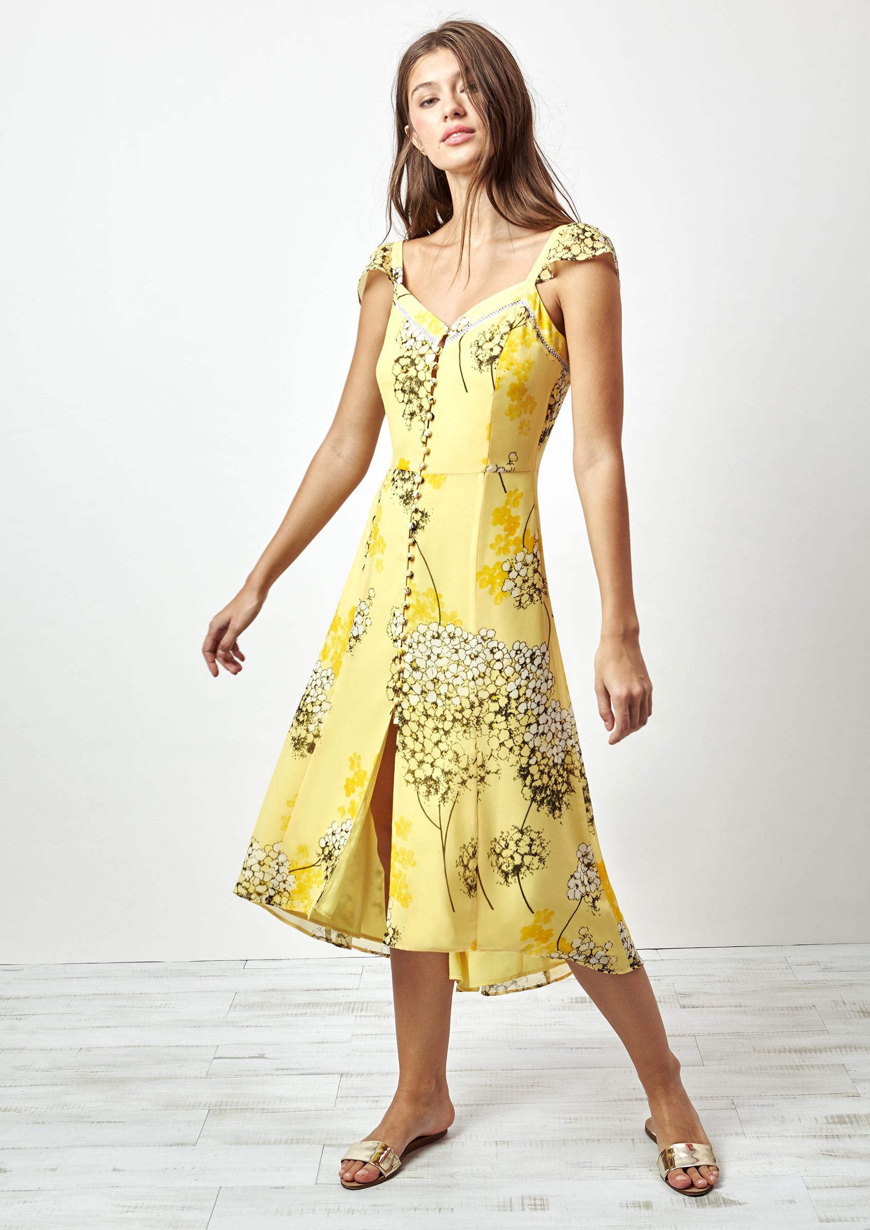 Yellow printed midi dress