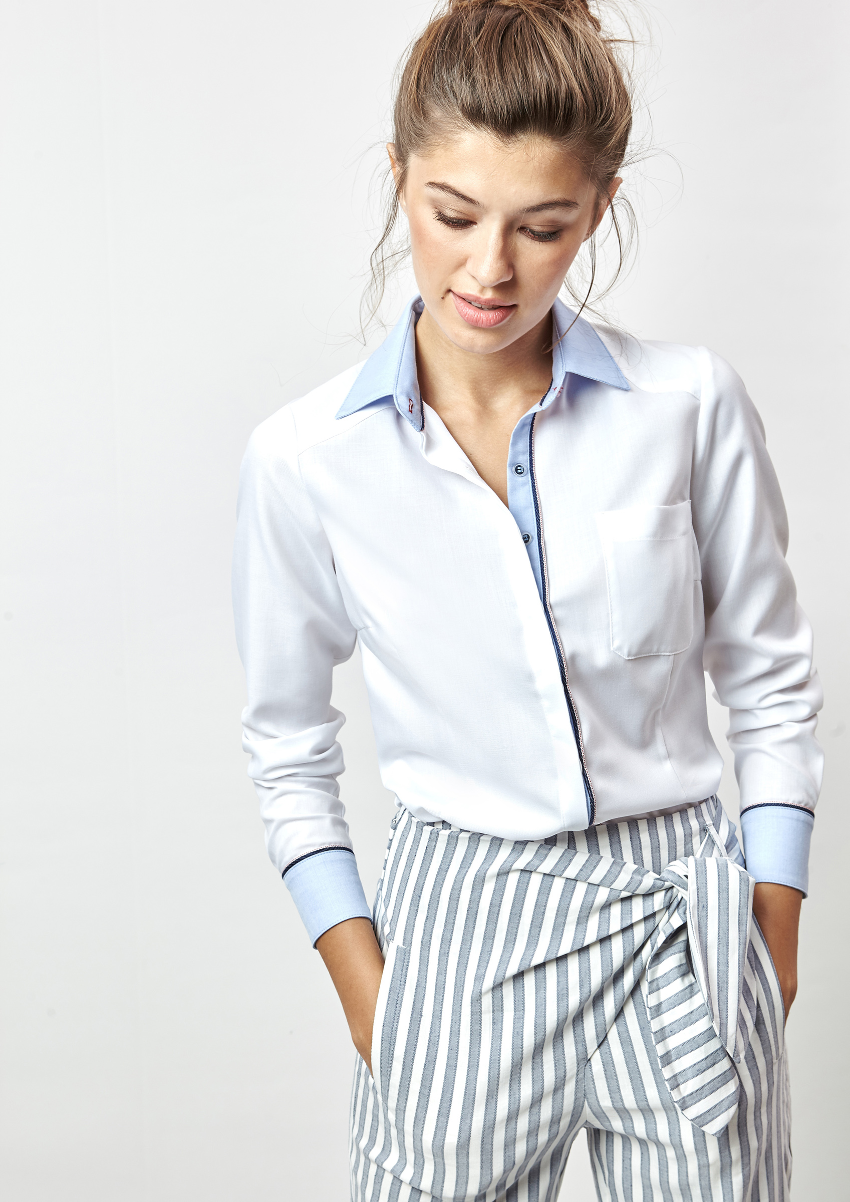 White shirt with contrast collar and cuffs