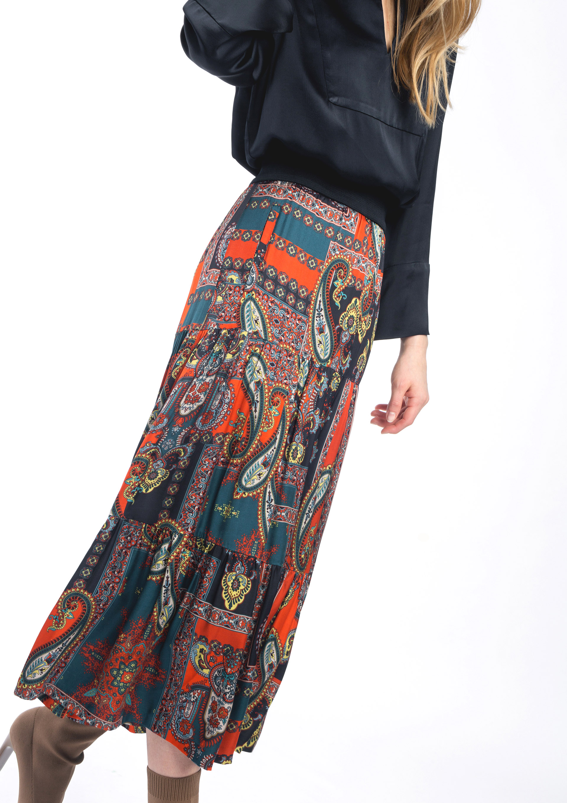 Falda Larga Maxi 2 En 1 Con Capa De Malla Transparente - Estampado Y Cintura Alta Para Mujer