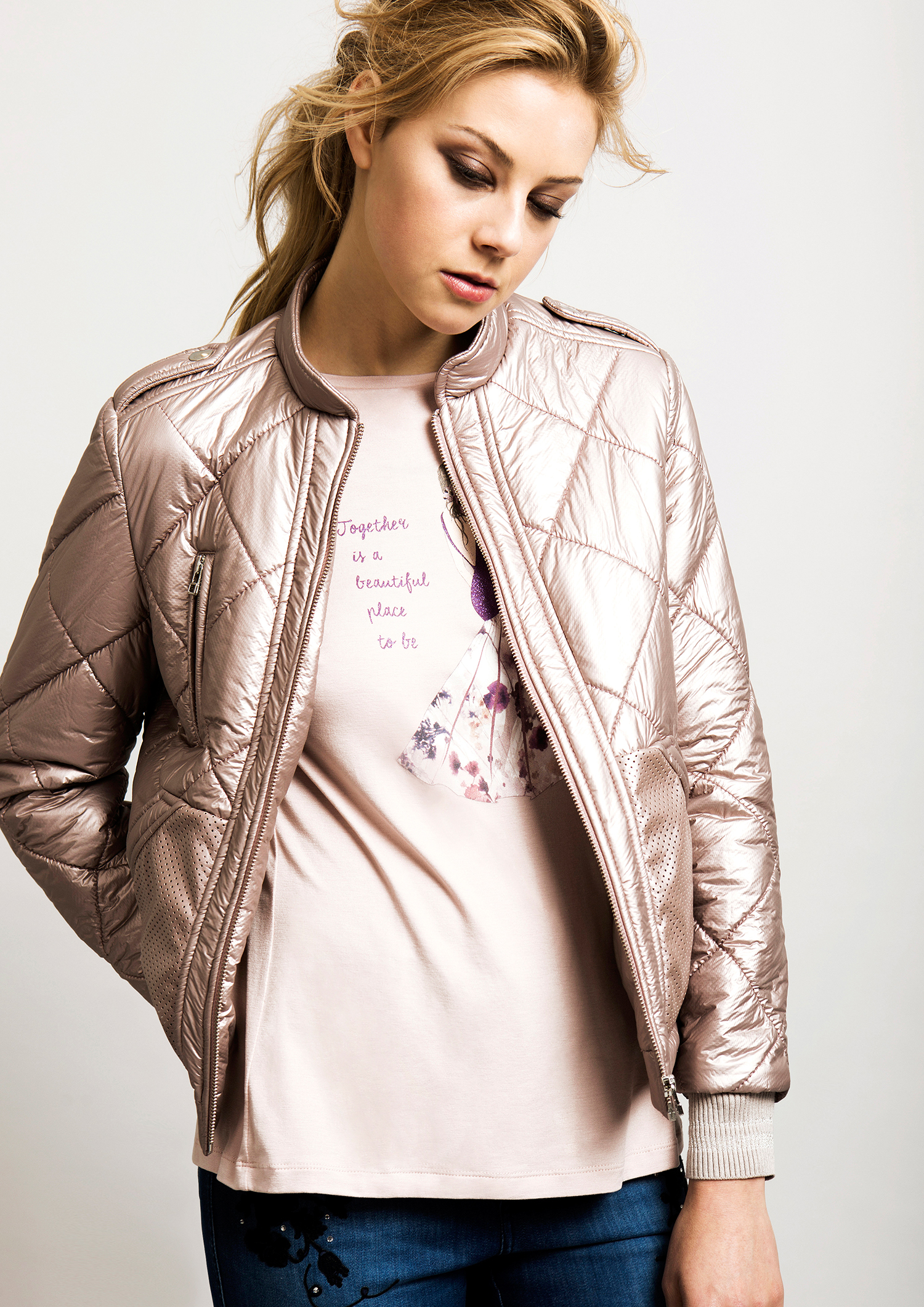 Pink metallic finish bomber jacket.