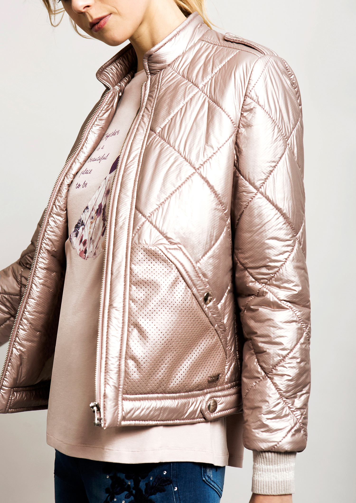 Pink metallic finish bomber jacket.