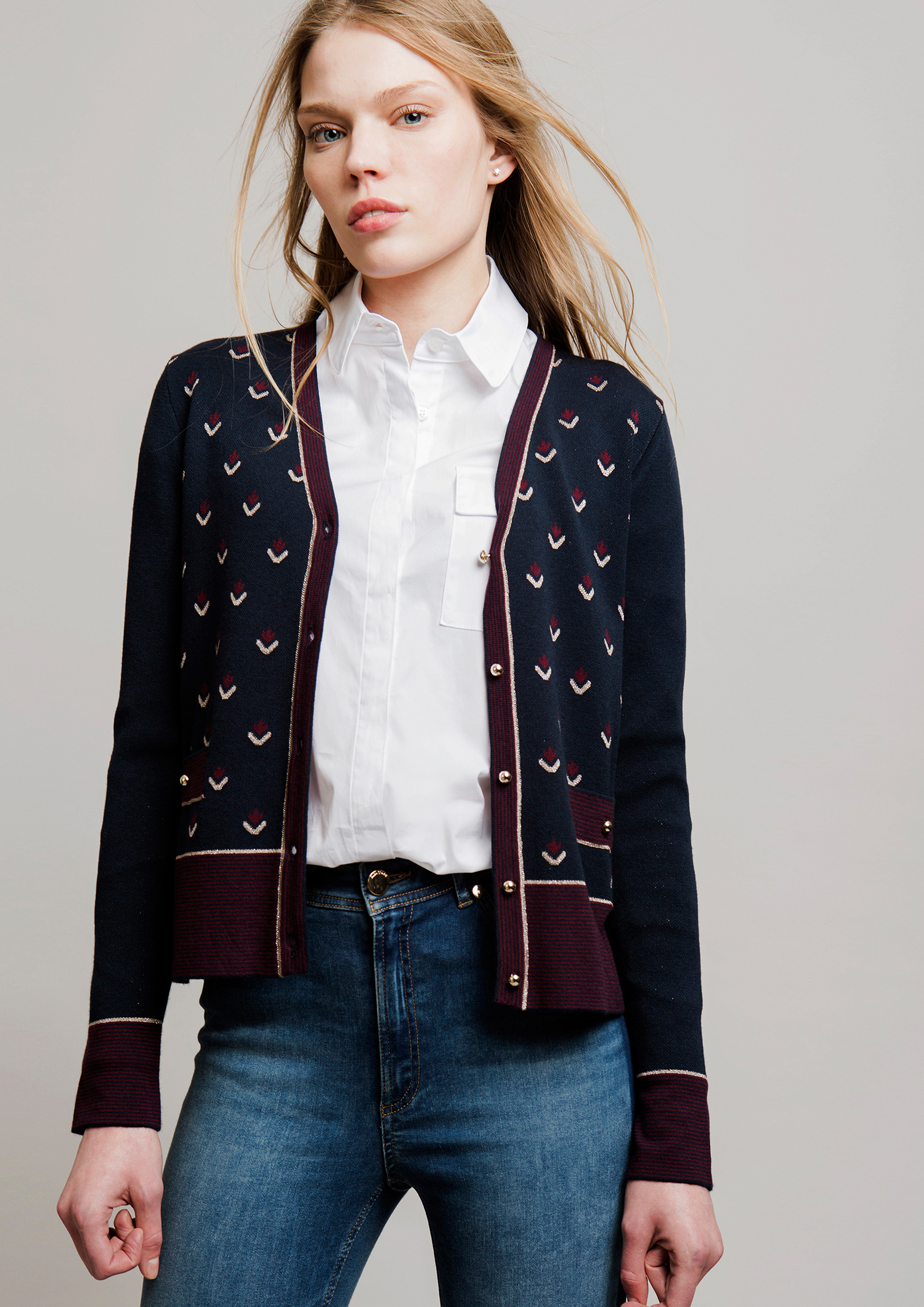 Navy knit jacket.