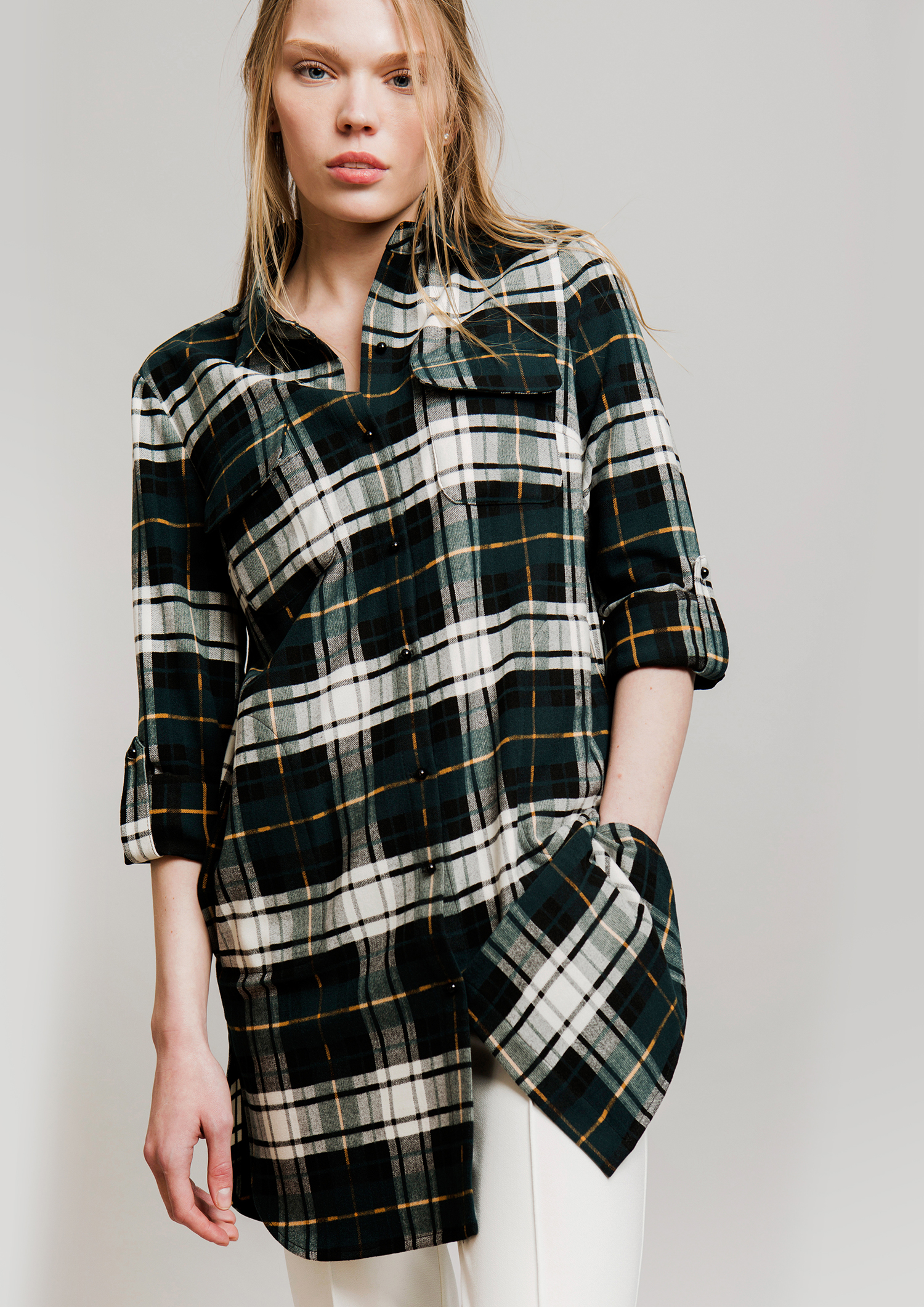 Long checked blouse.