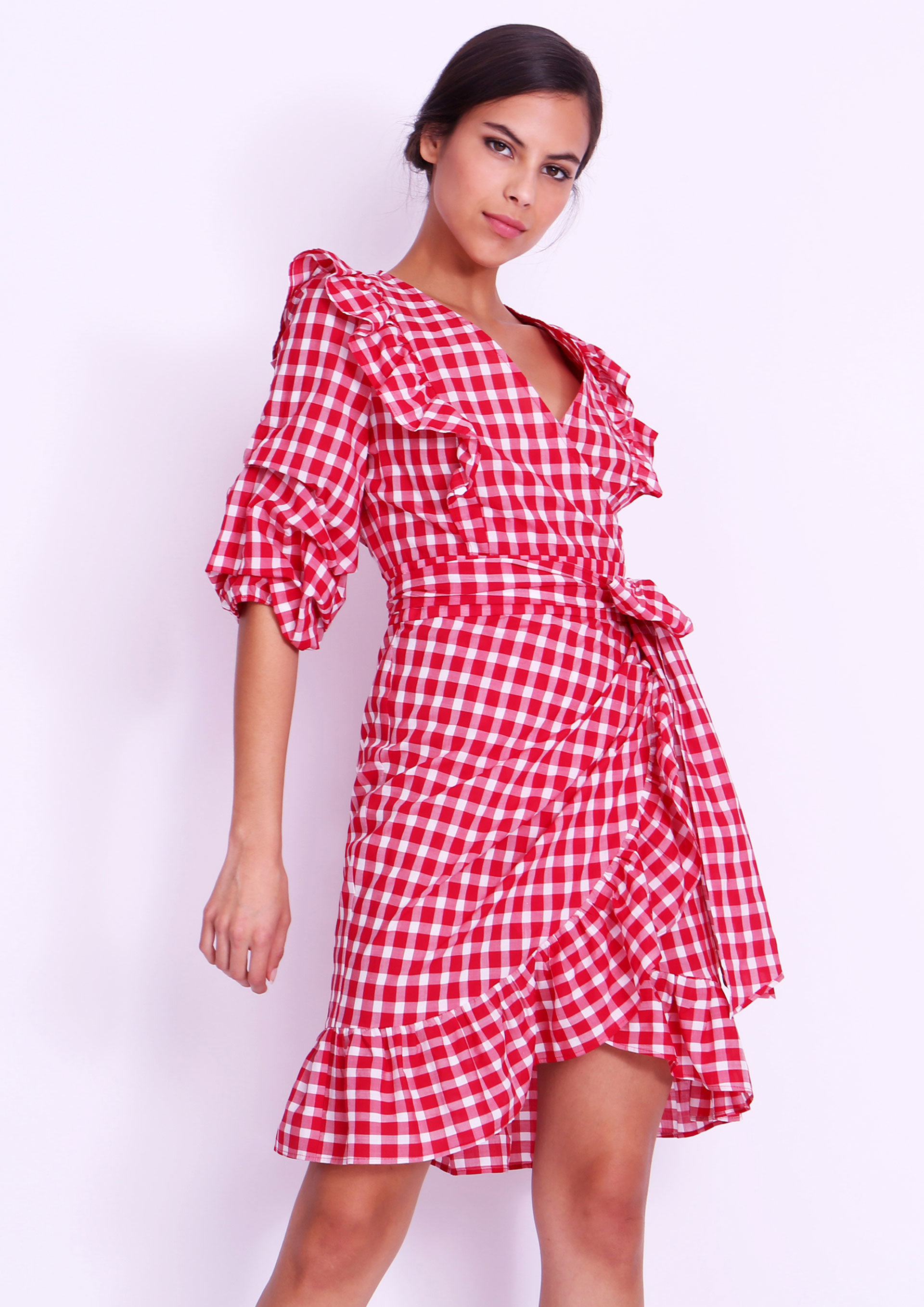 Red gingham wrap dress