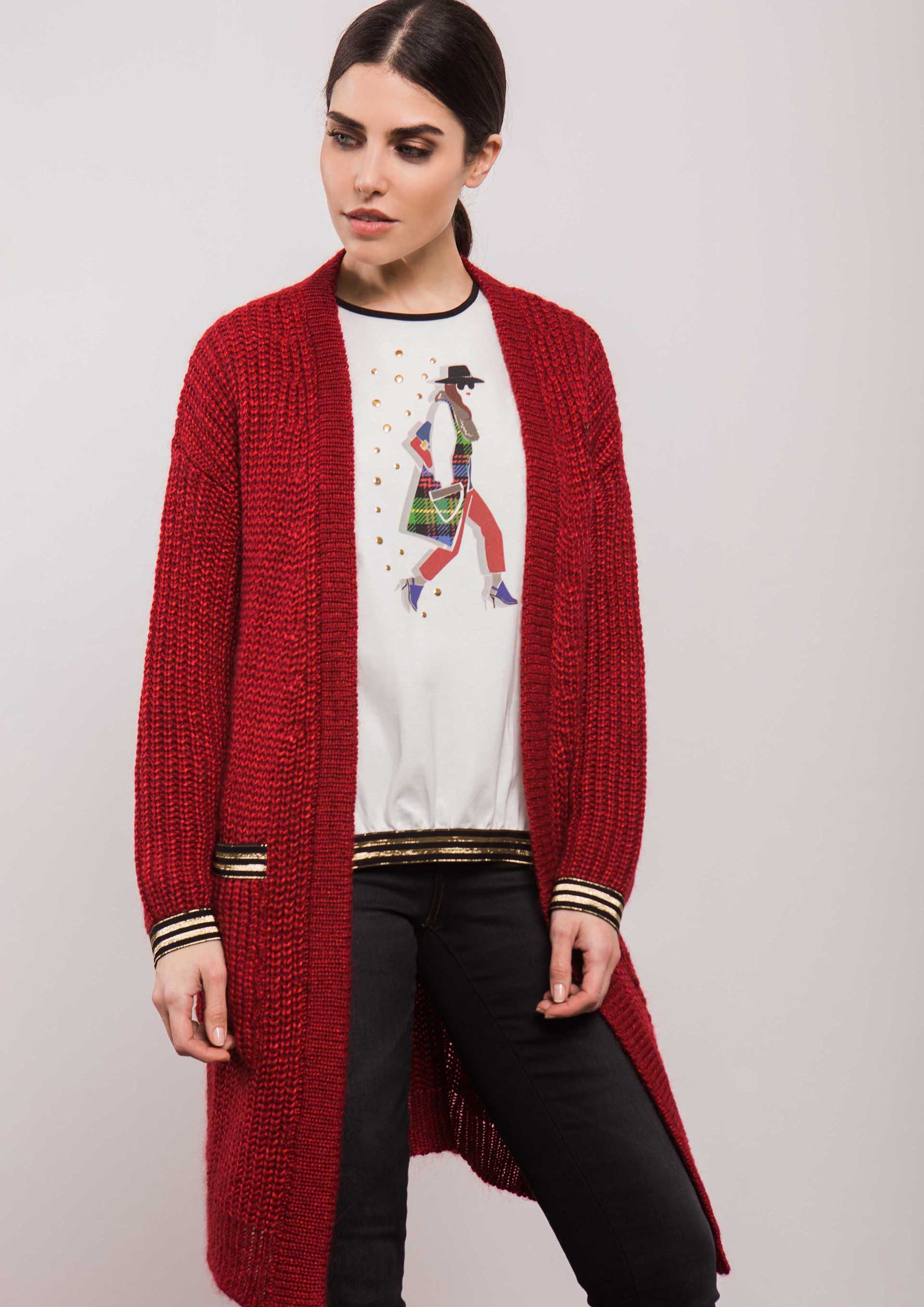 Long red knit cardigan