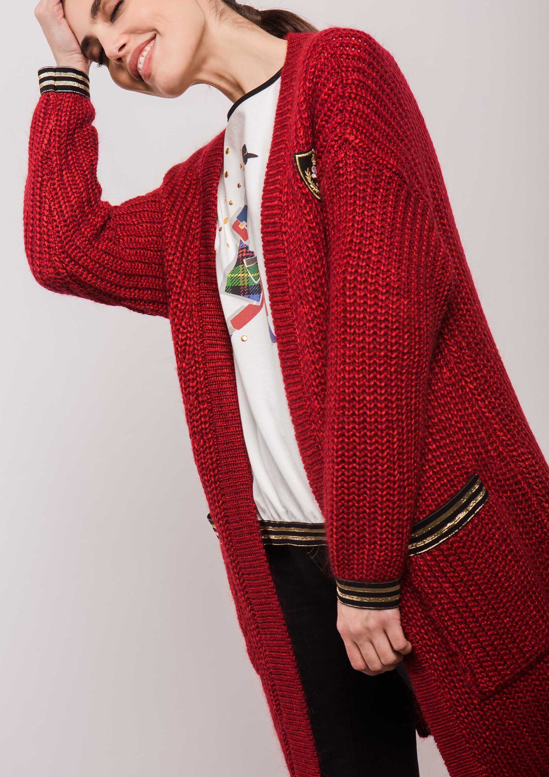 Long red knit cardigan