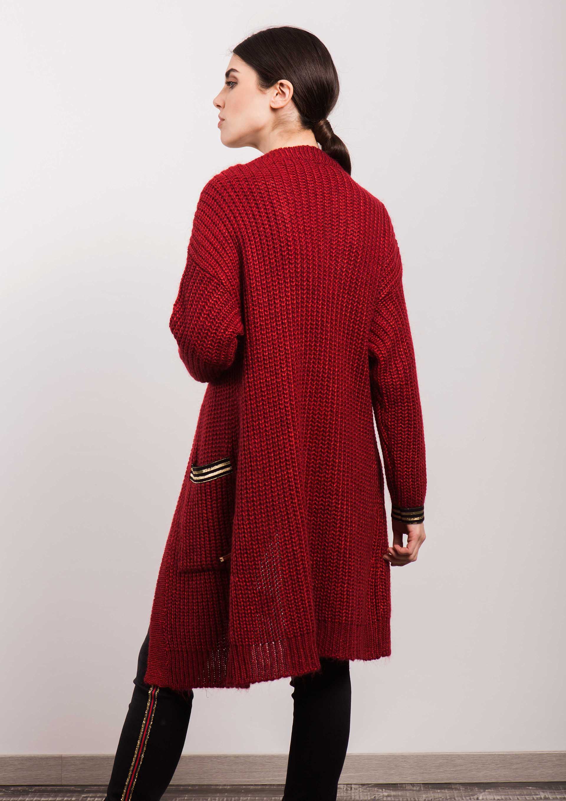 Long red knit cardigan