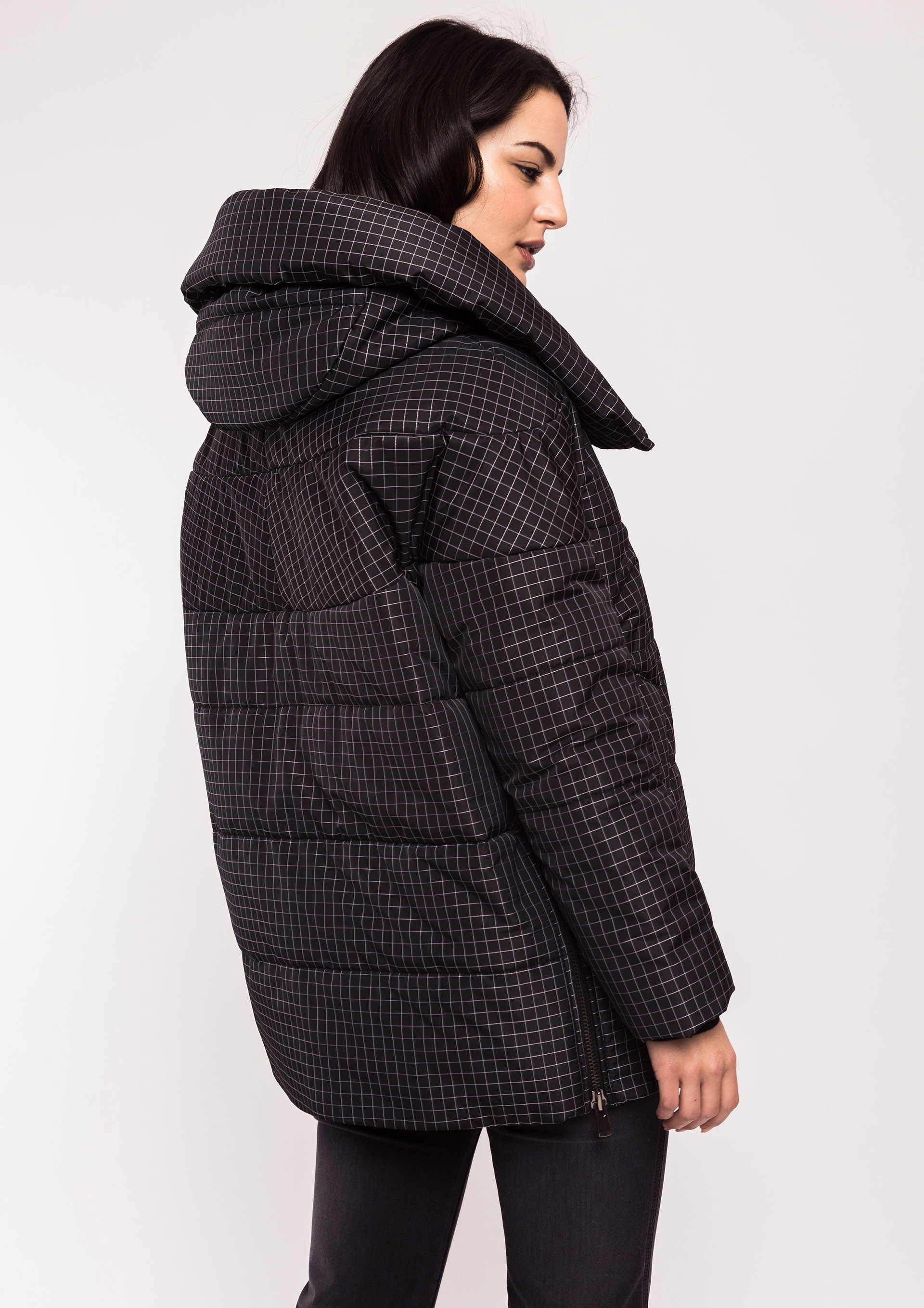 Black quilted parka with checks