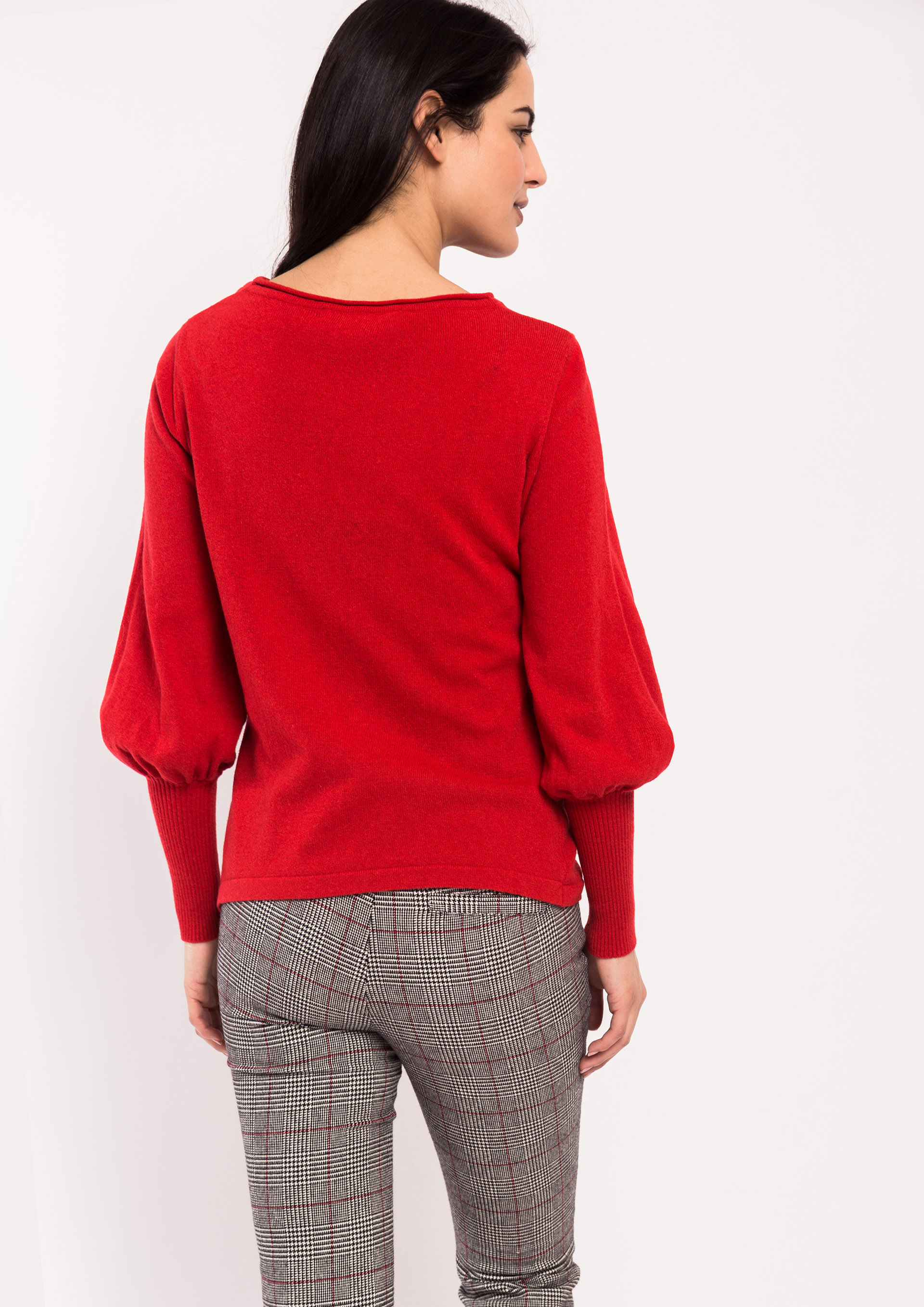 Red knit puff sleeve sweater