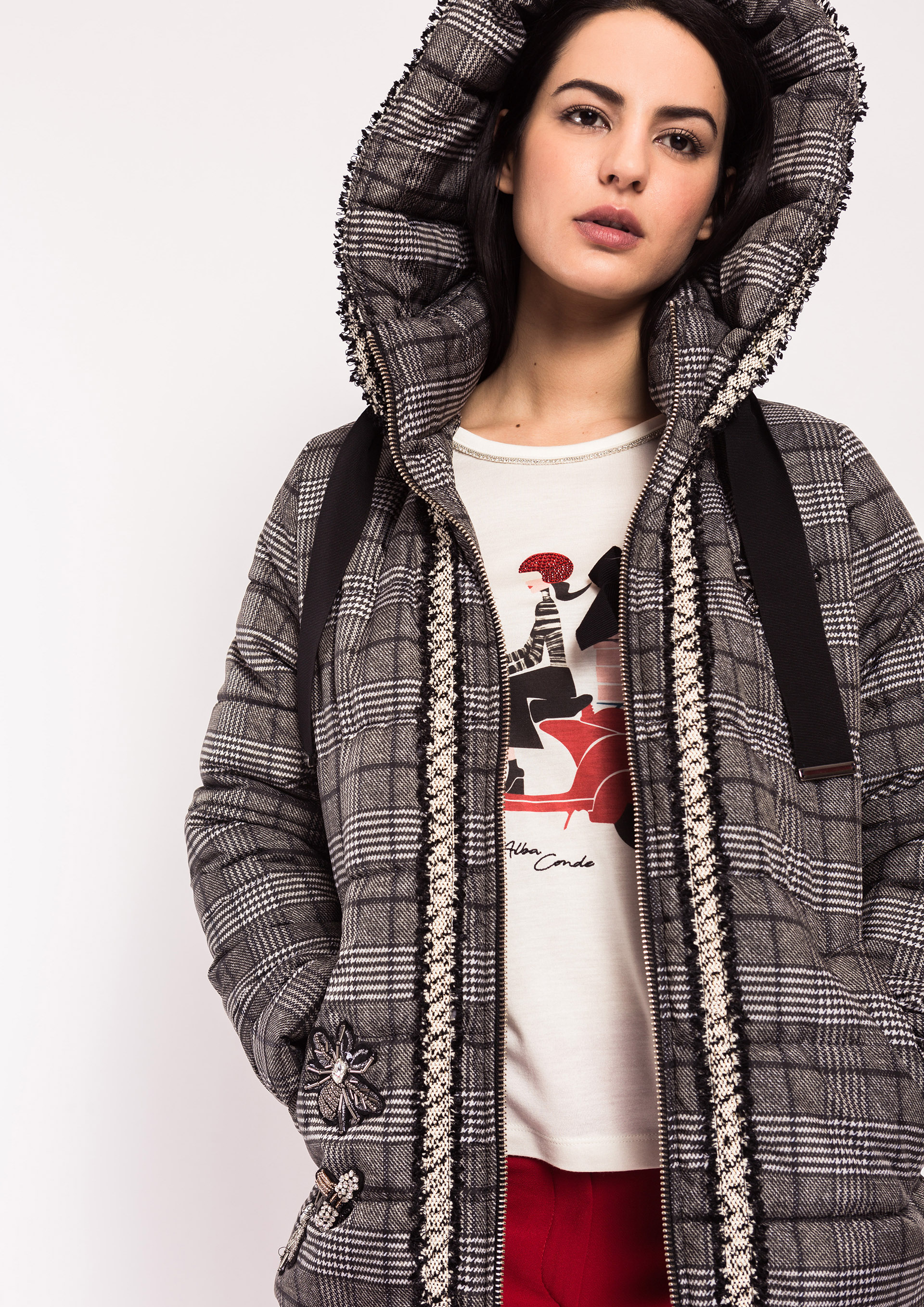 Quilted hooded check parka