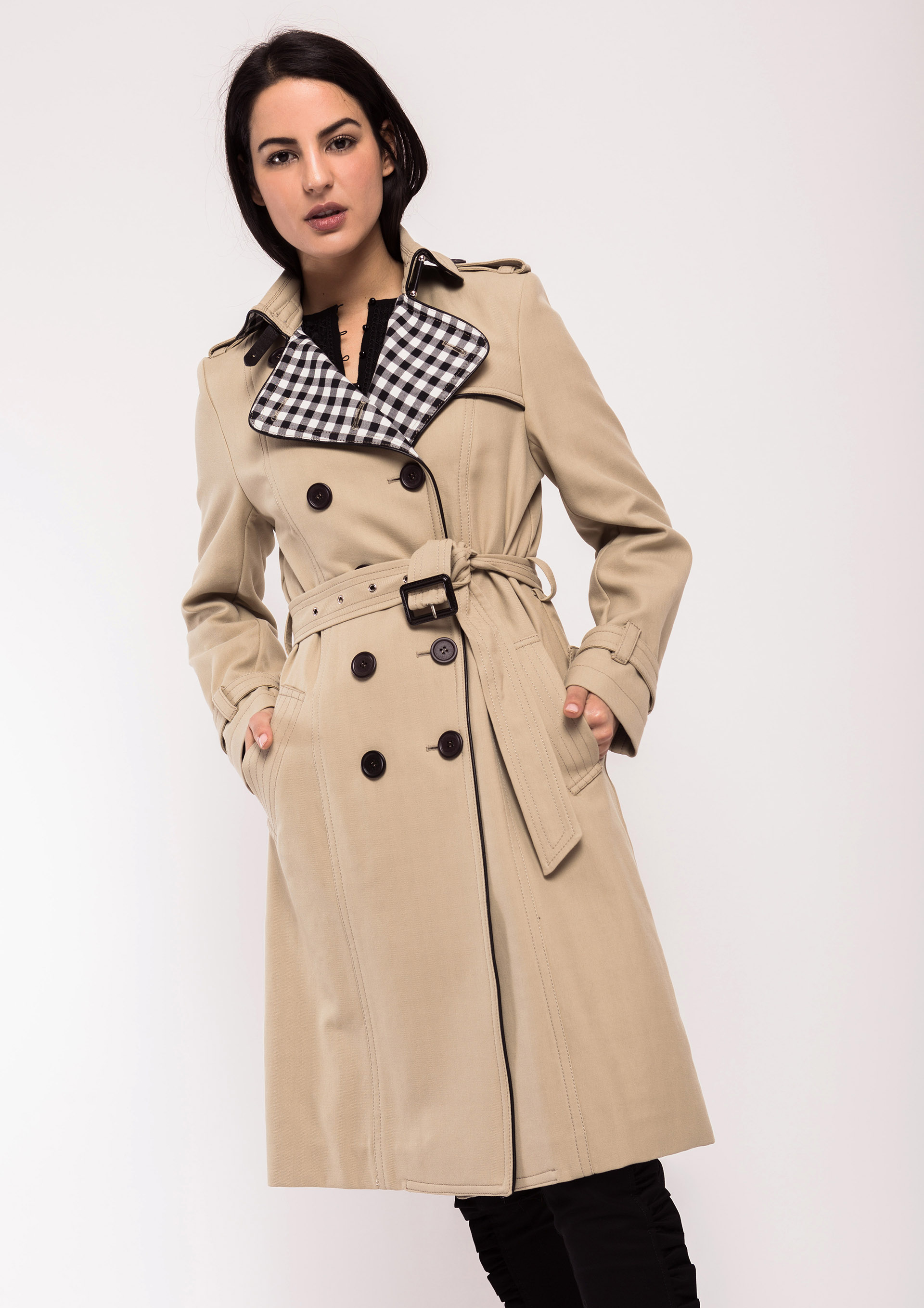 Beige raincoat with check collar