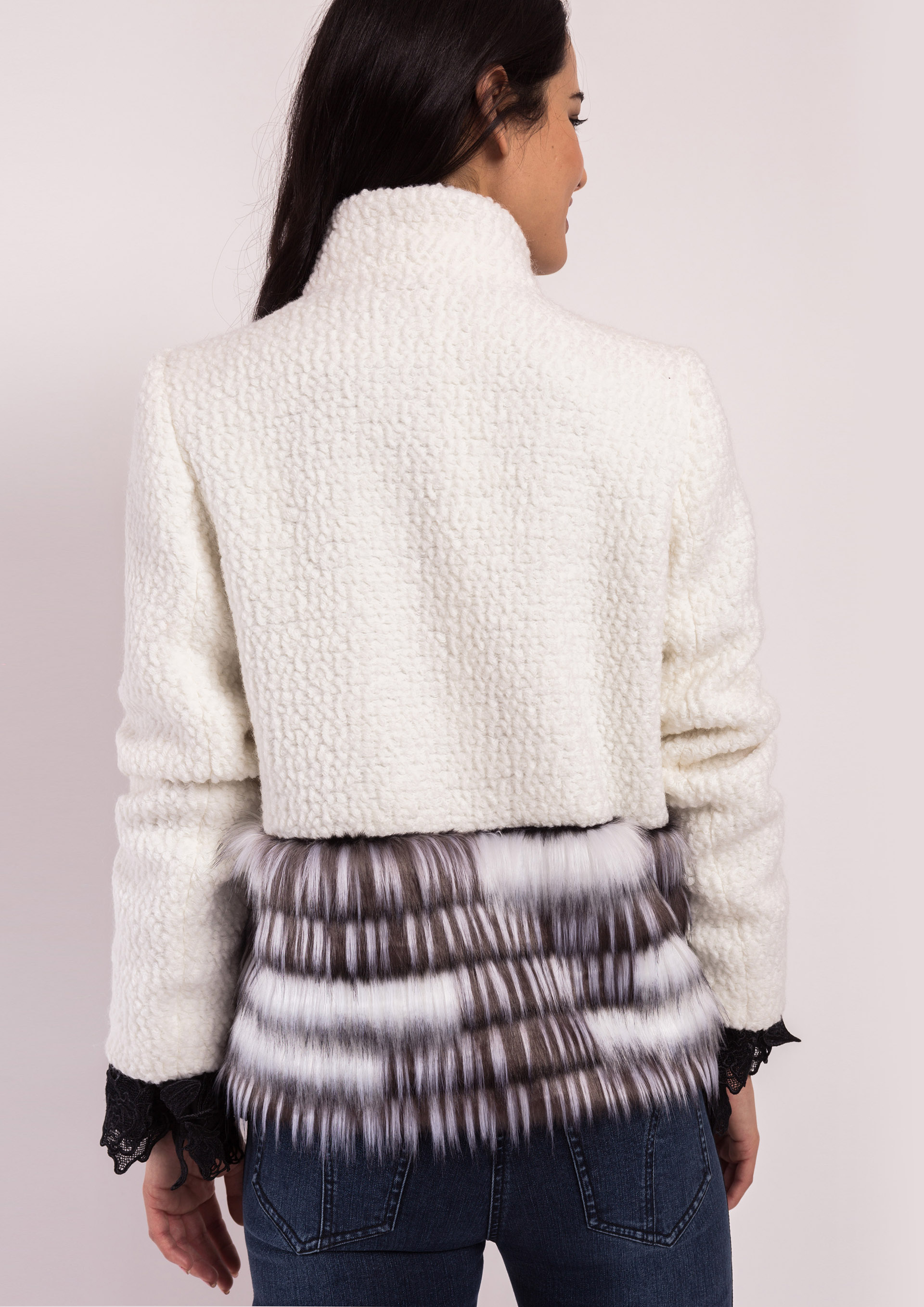 Ecru jacket with fur on hem