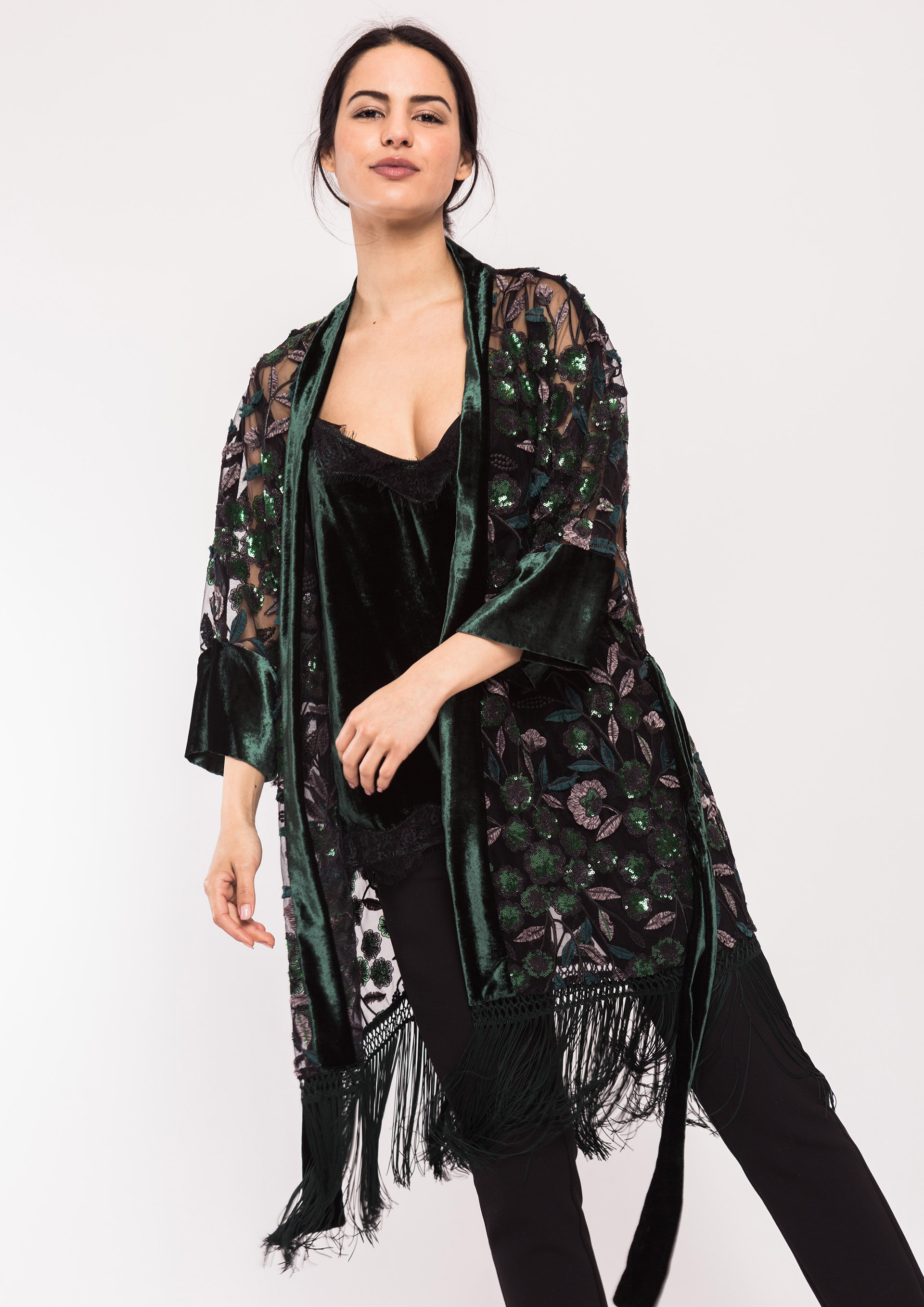 Green embroidered kimono
