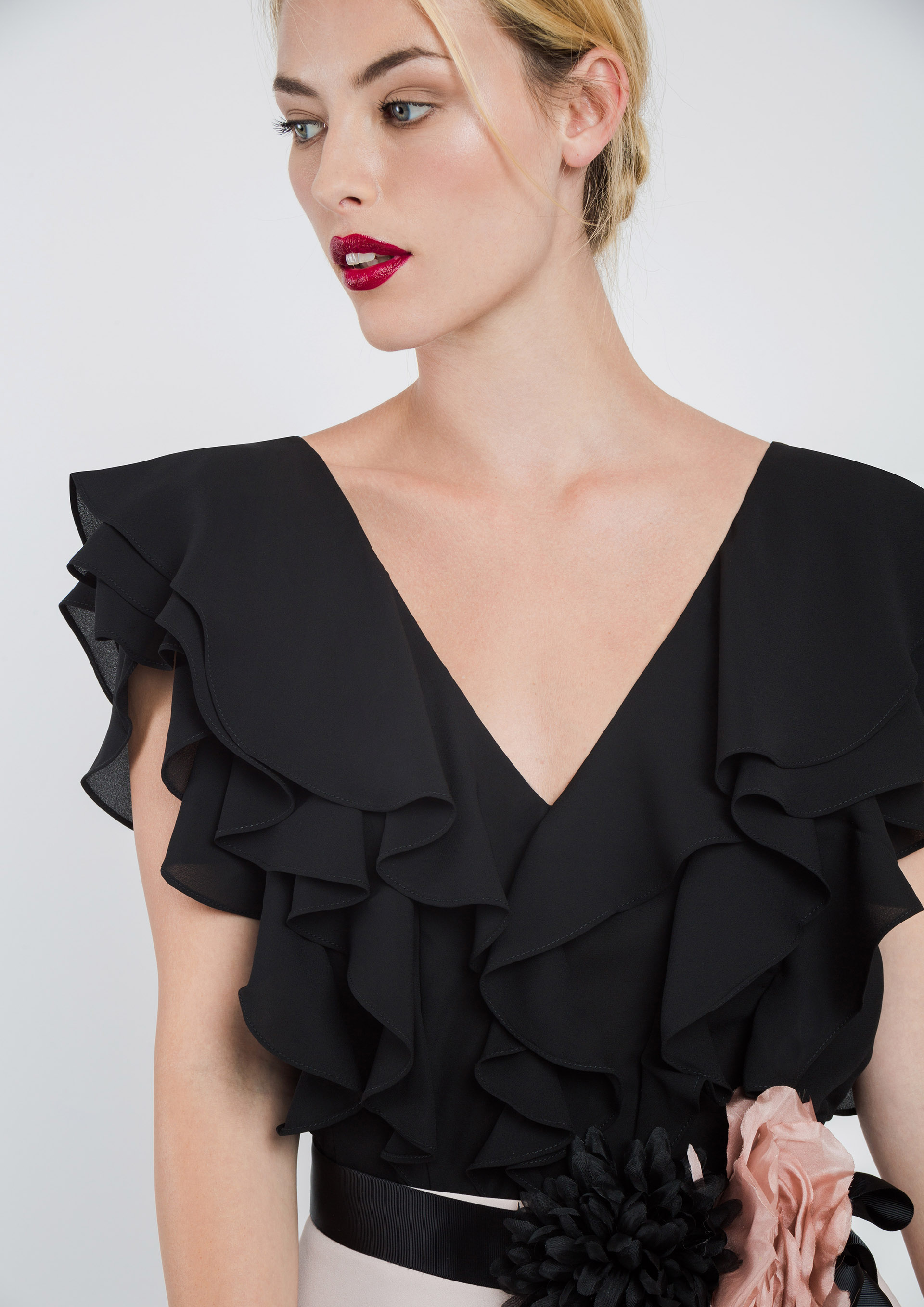 Black frill special occasion blouse