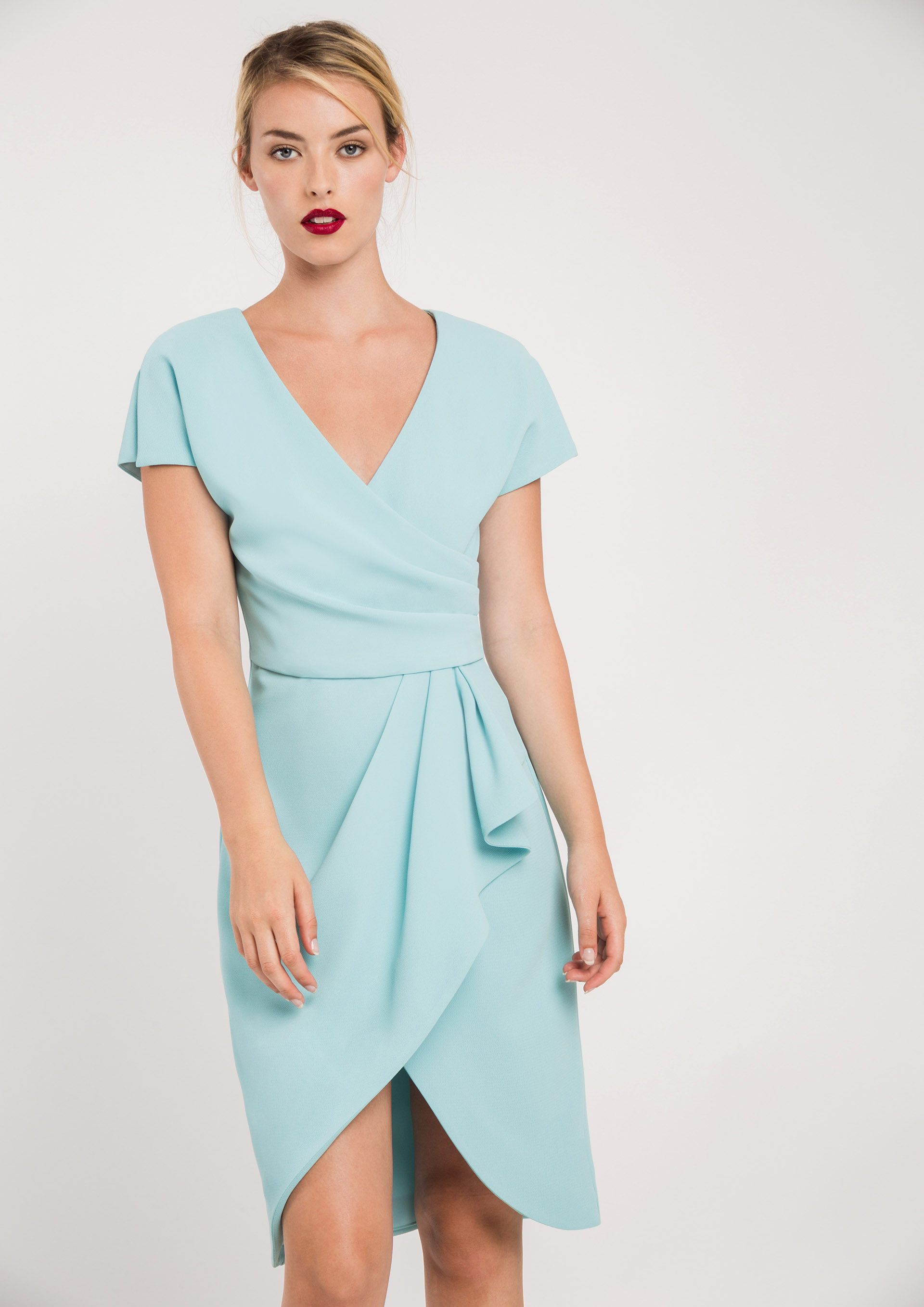 Blue fitted dress with cross over neckline
