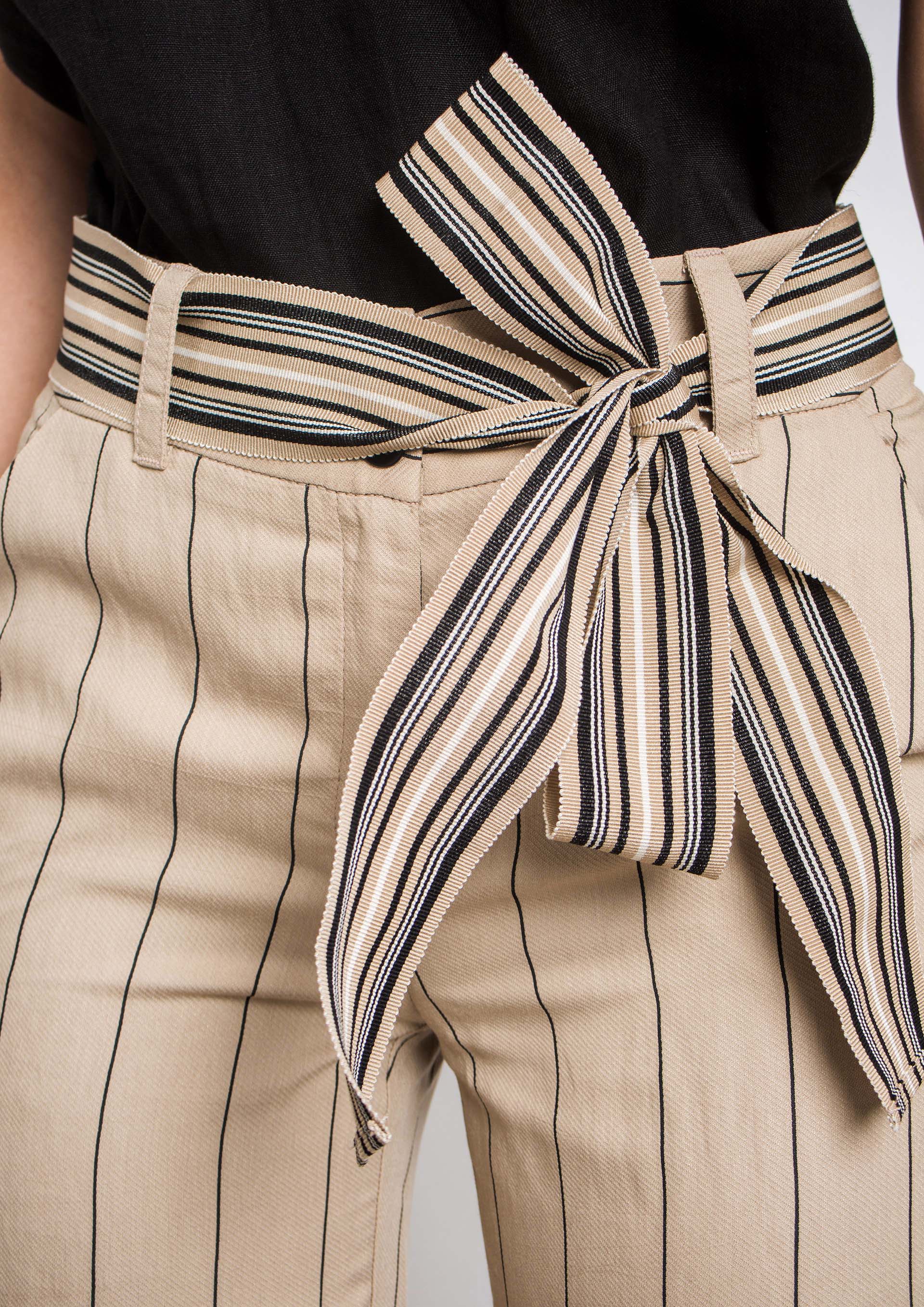 Beige striped trousers with tie belt