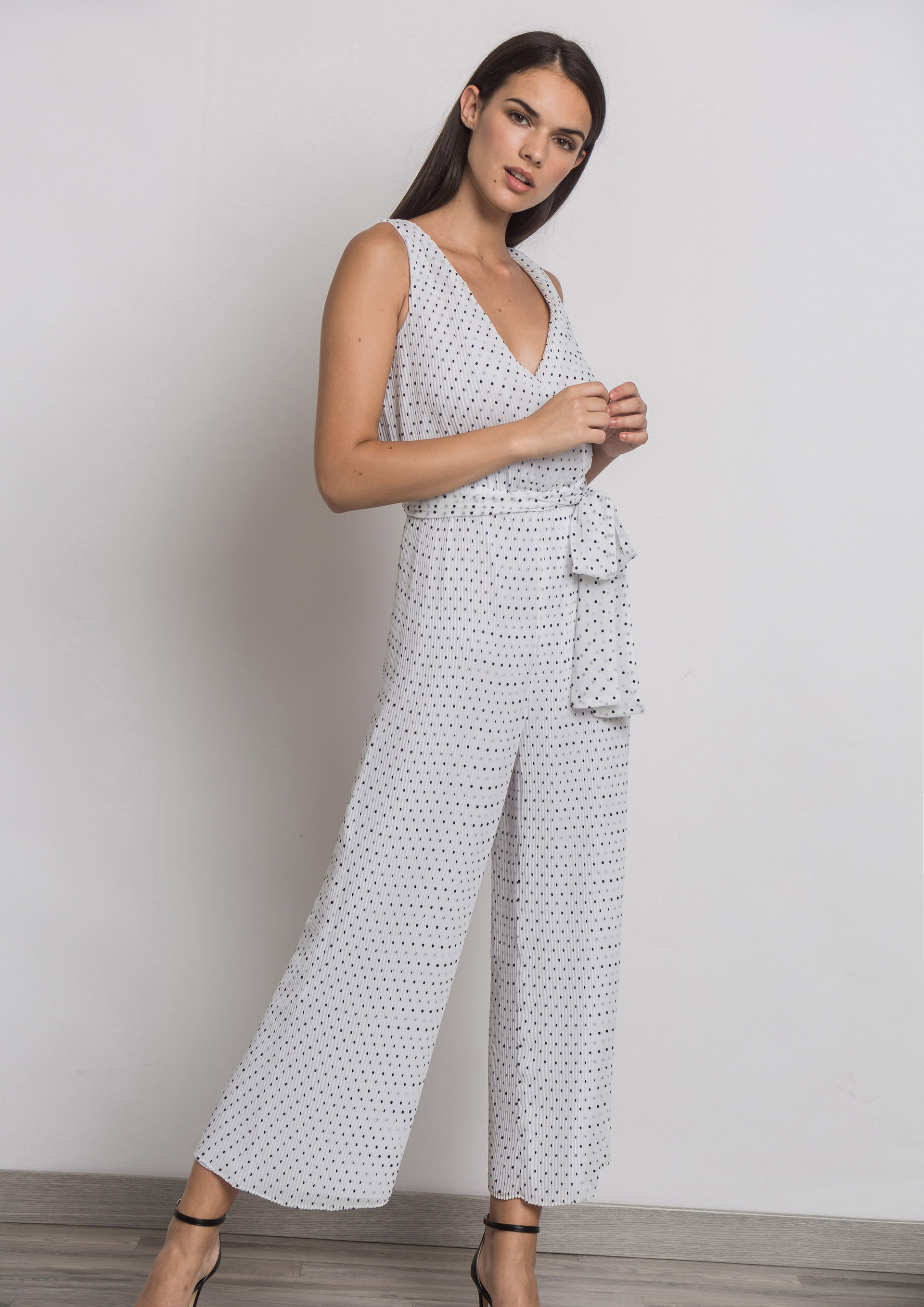 White pleated polka dot jumpsuit