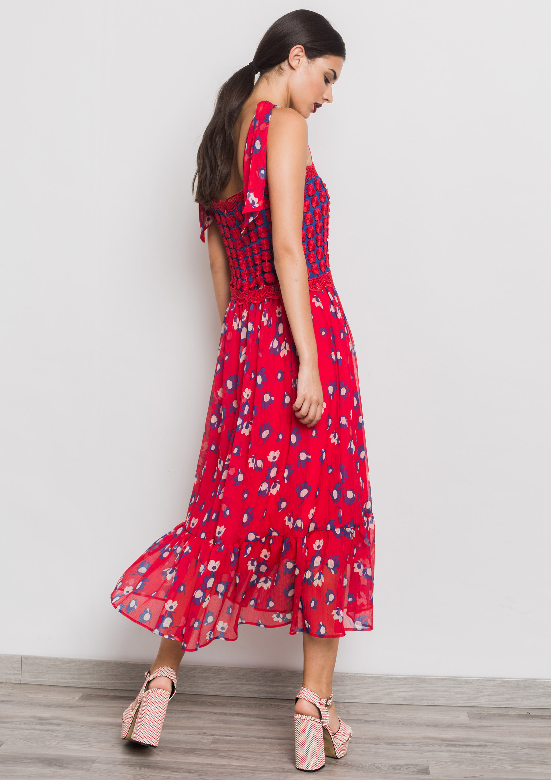 Red floral print midi dress