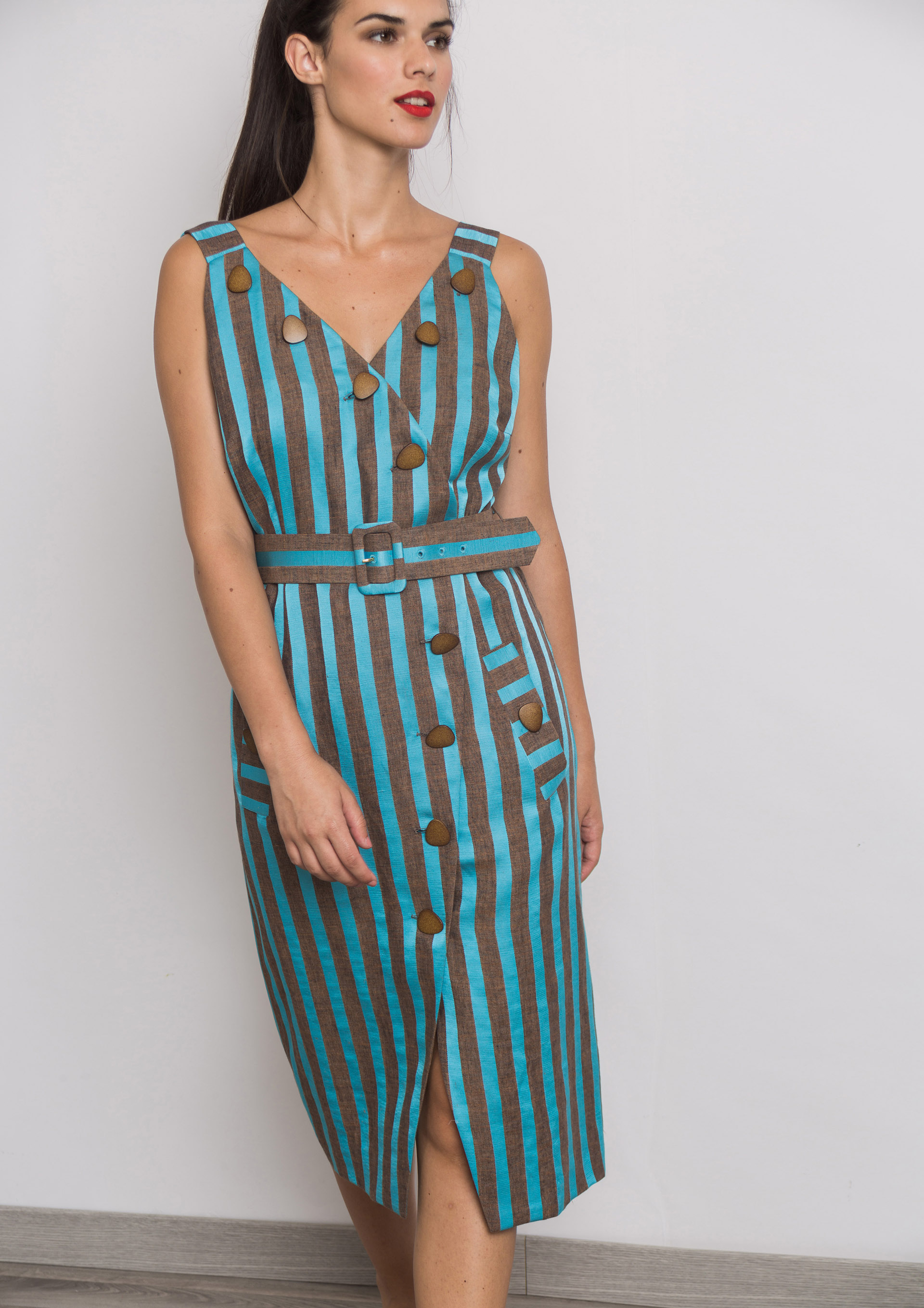 Blue and brown midi striped dress