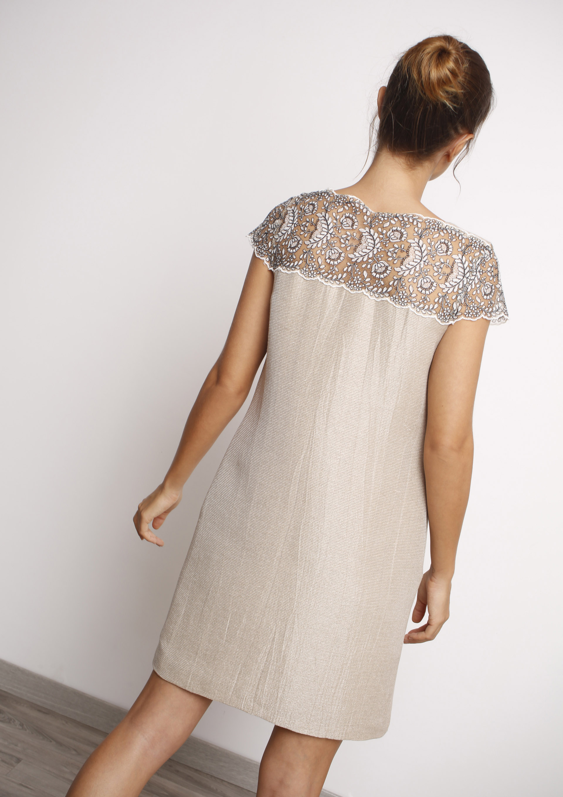 Stone dress with lace on neckline and sleeves