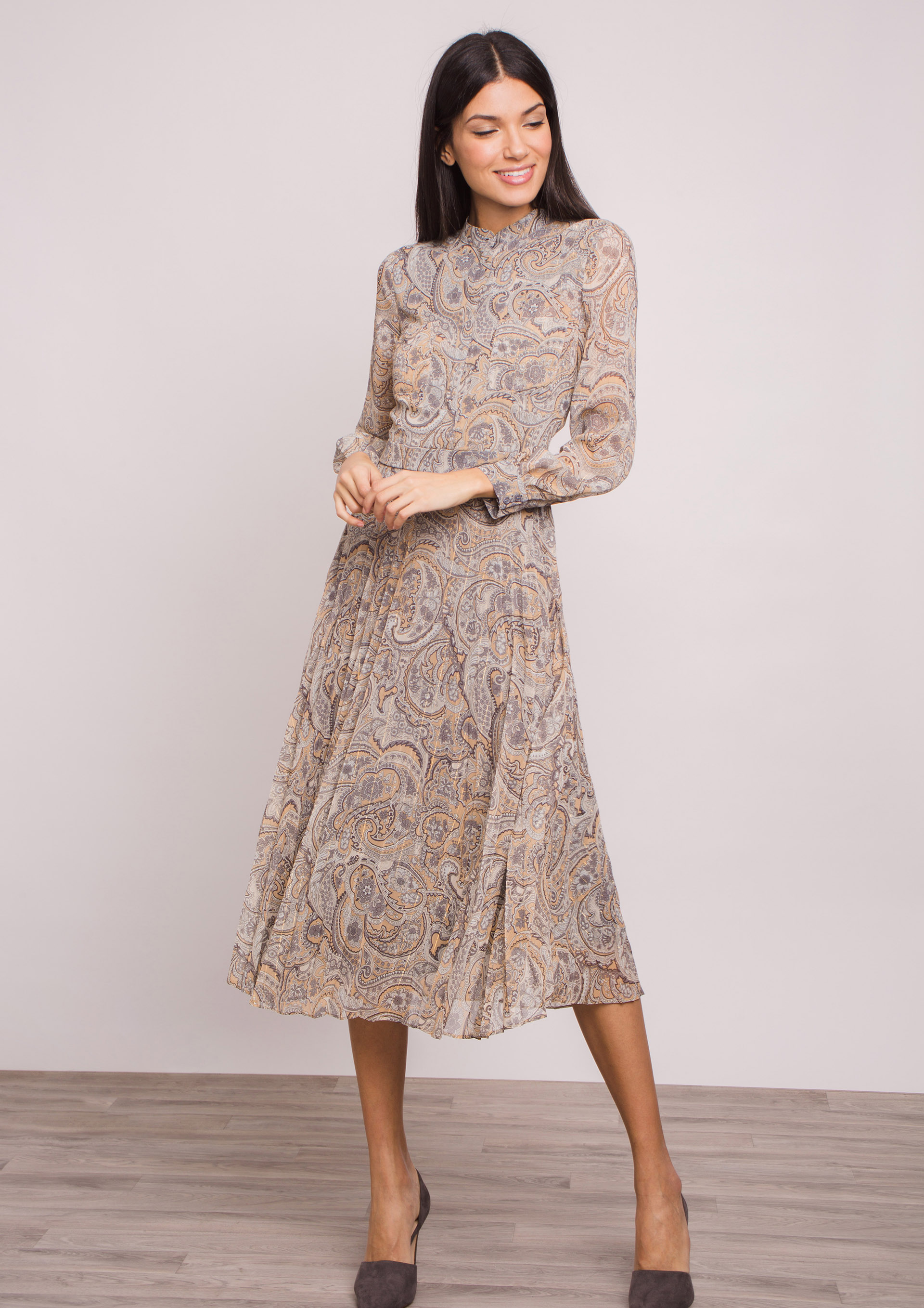 Grey paisley print midi dress.