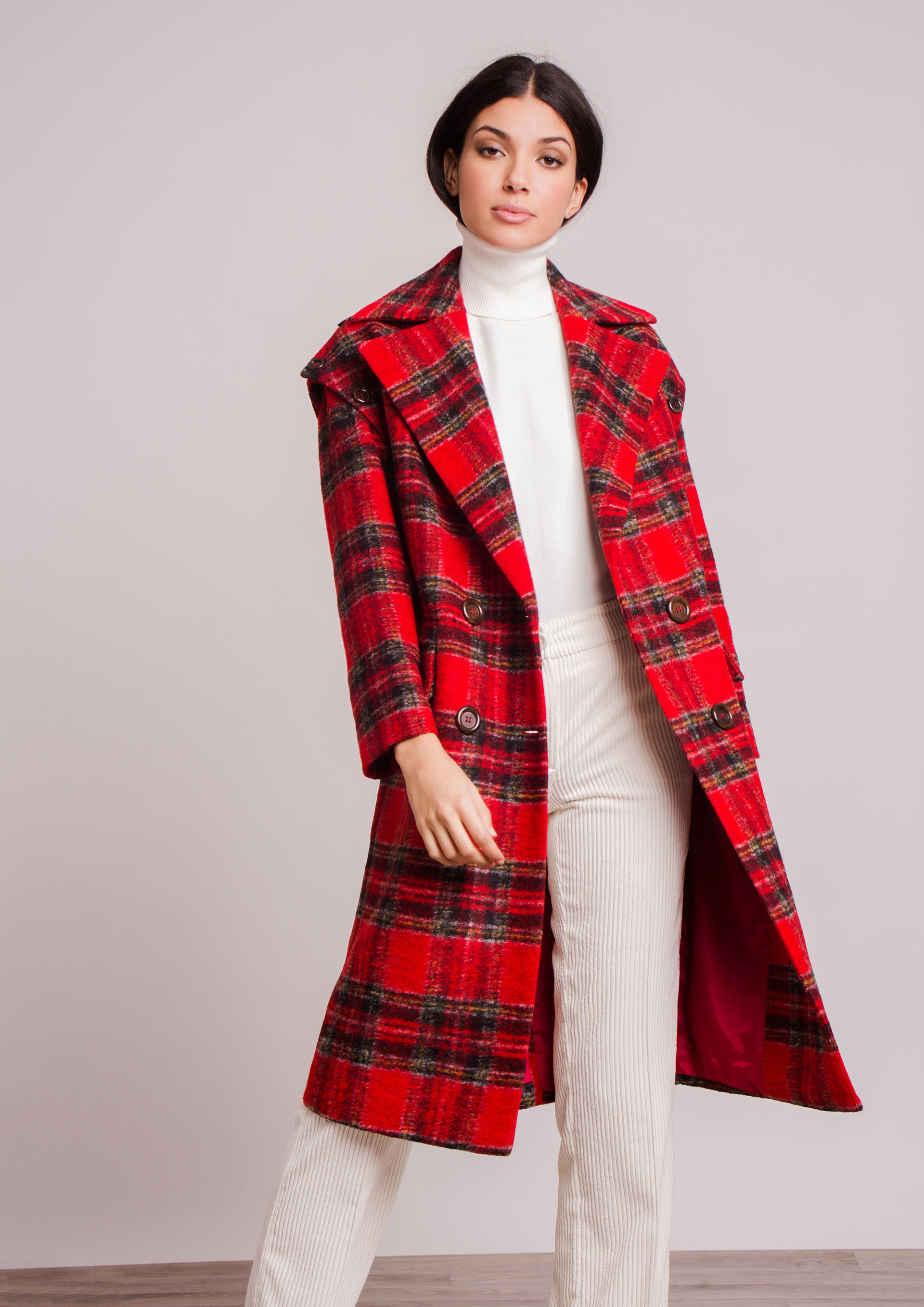 Red checked coat.