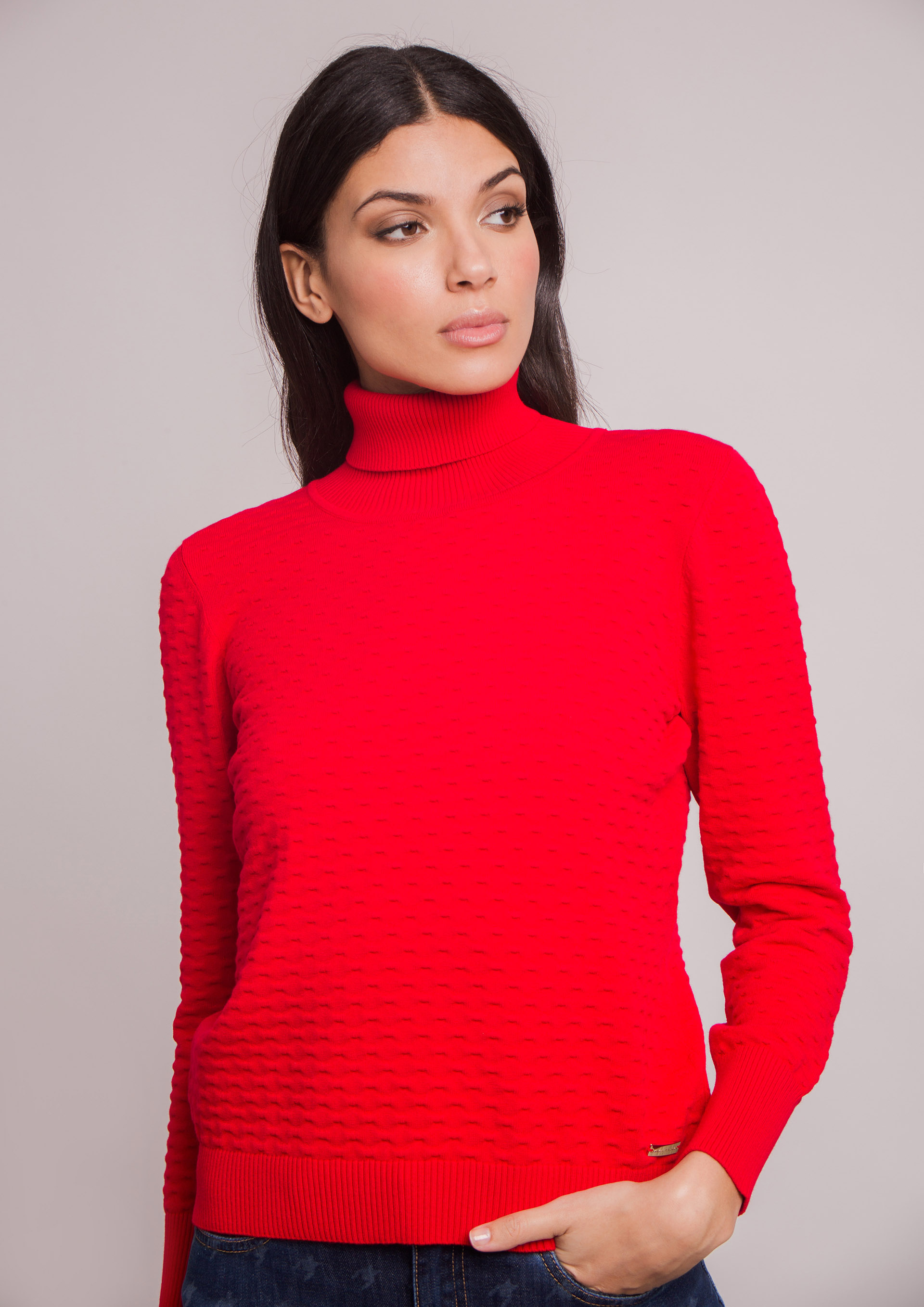 Red knit sweater.