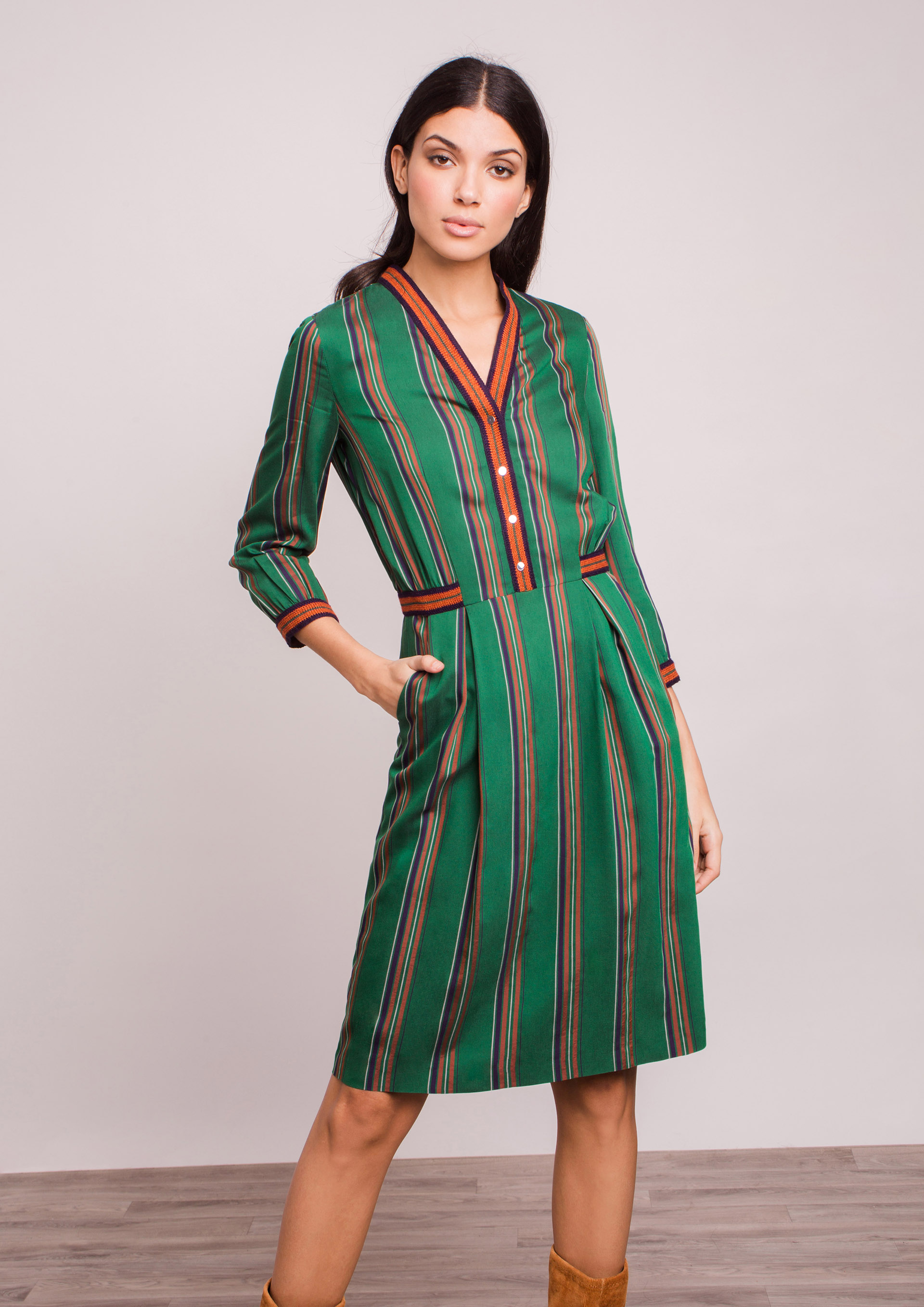 Green striped dress.