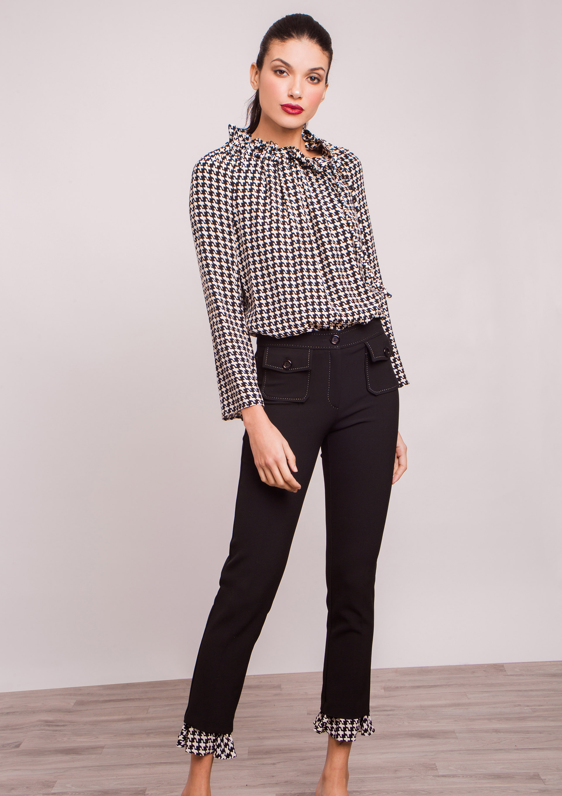Houndstooth blouse.