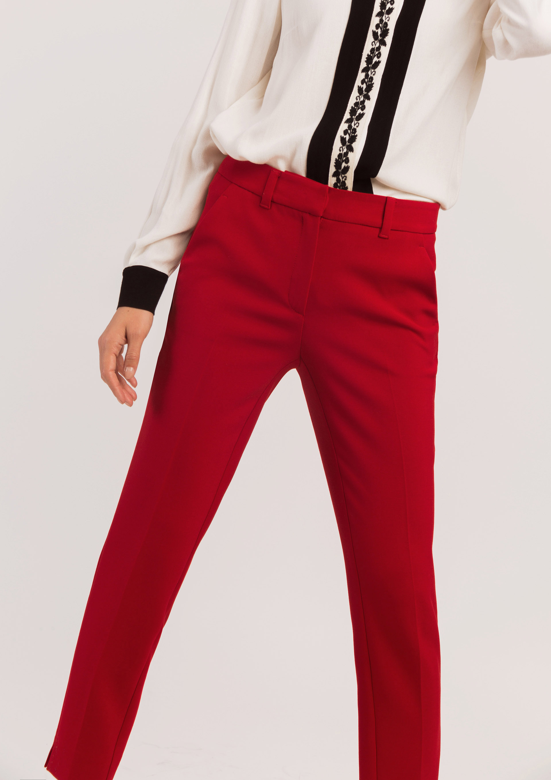 Red trousers.
