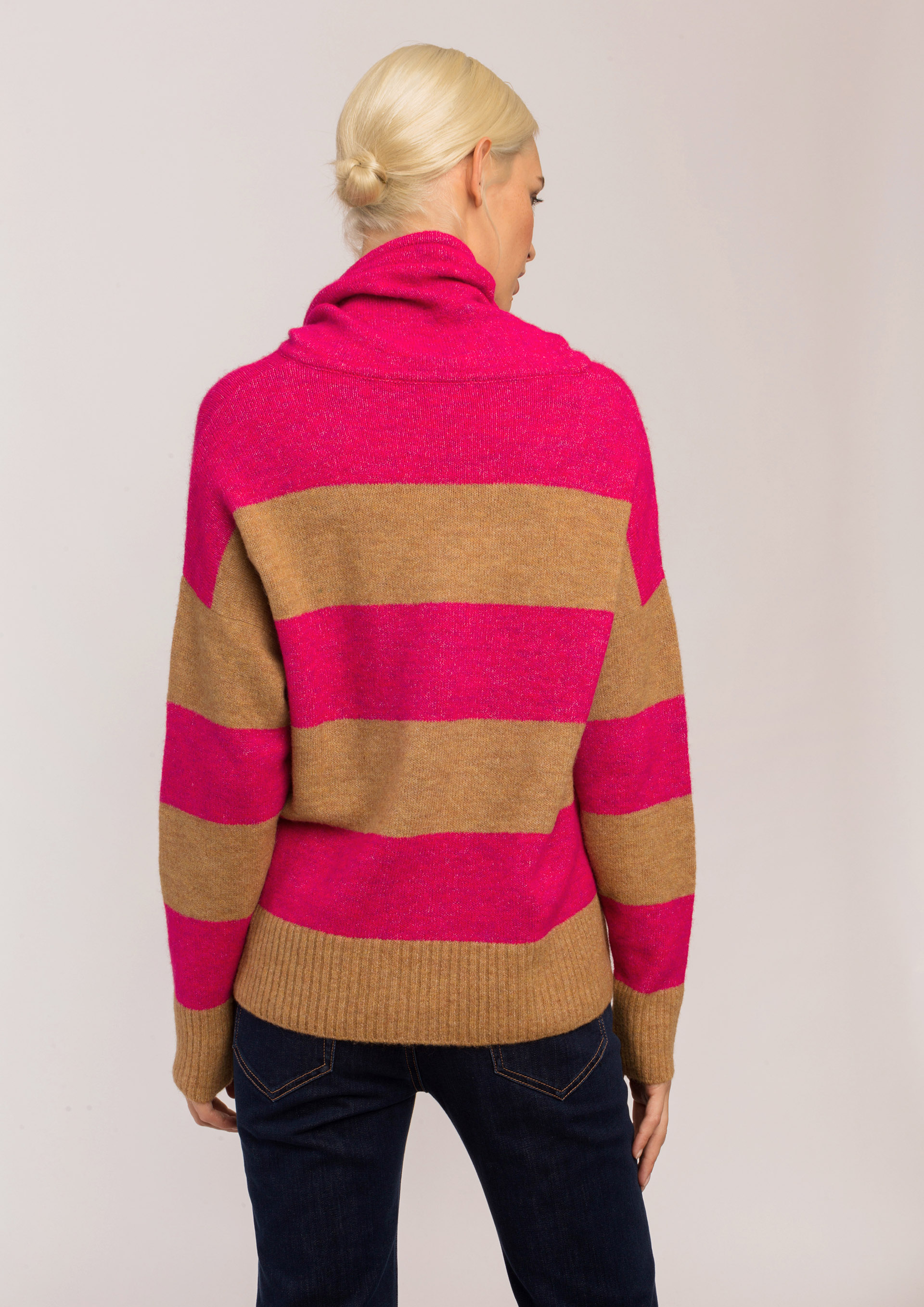 Camel and pink striped sweater.