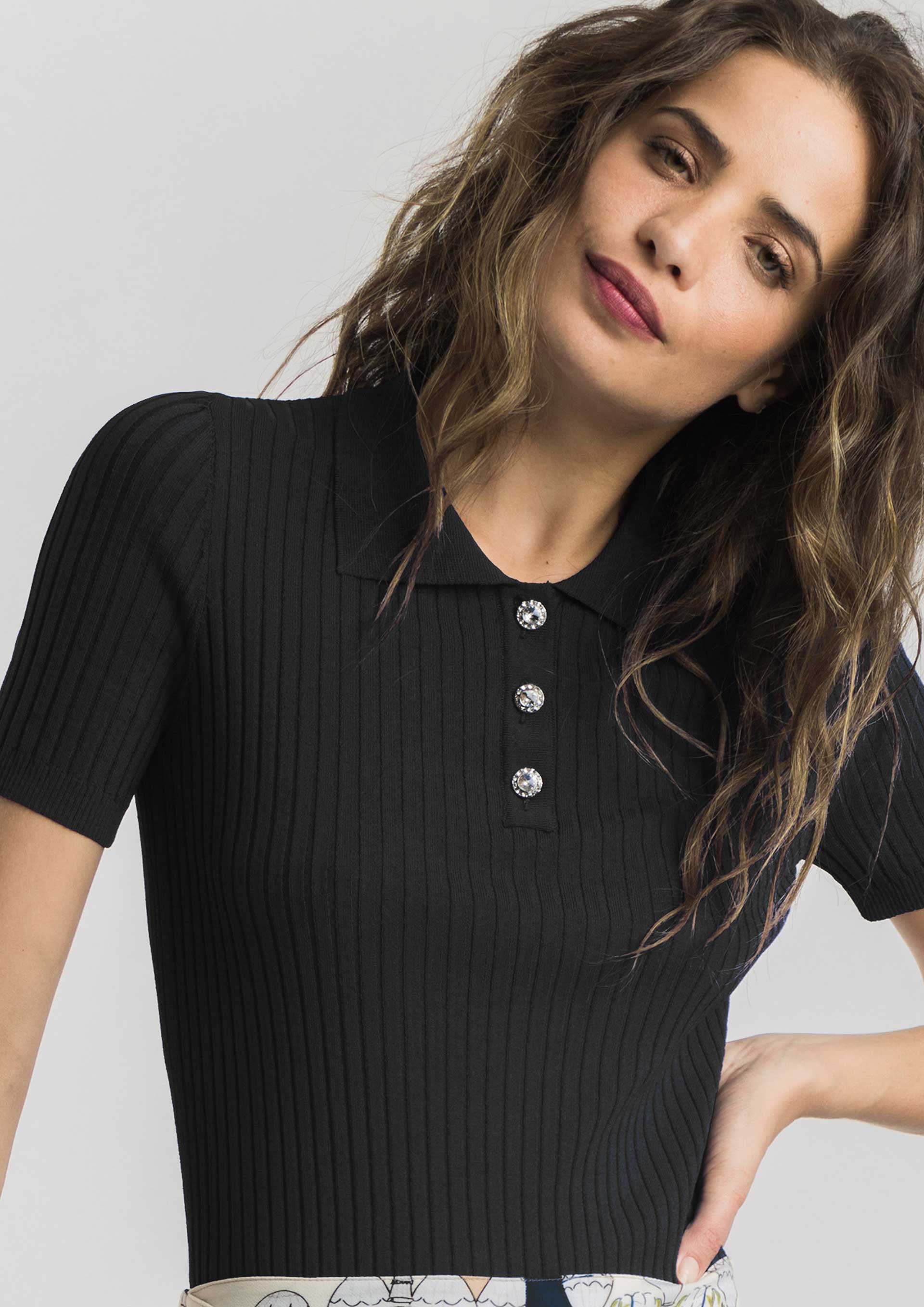 Black knit ribbed polo shirt