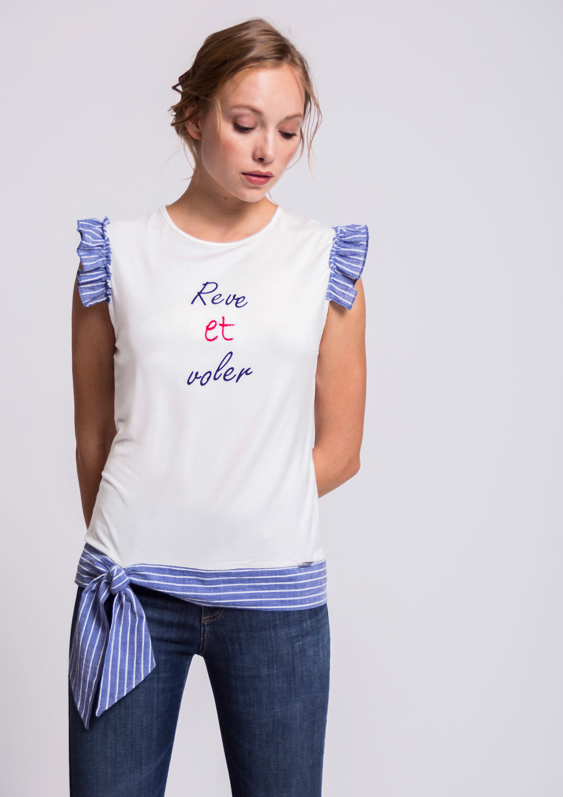 Ecru T-shirt with striped details