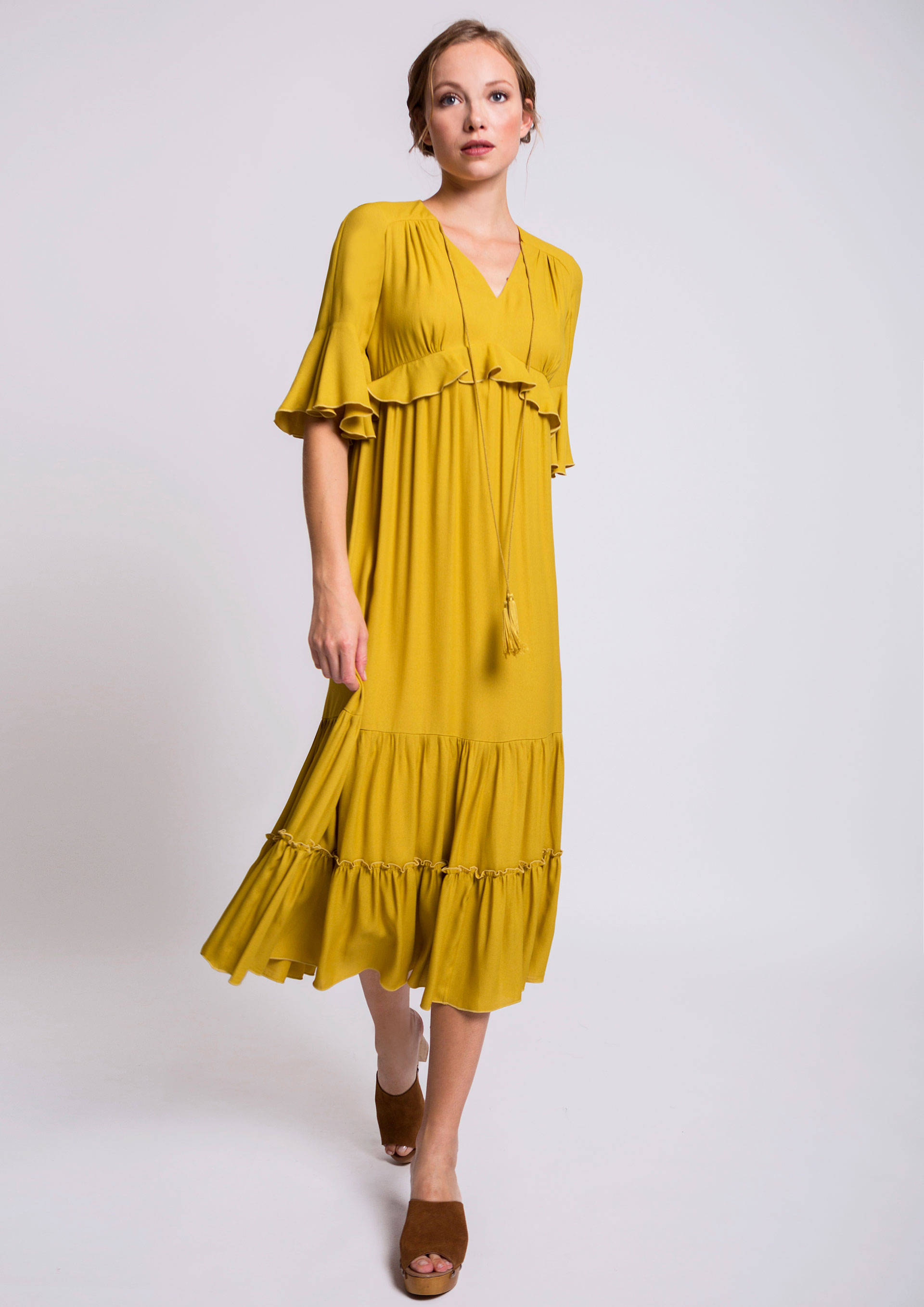 white midi dress with yellow flowers