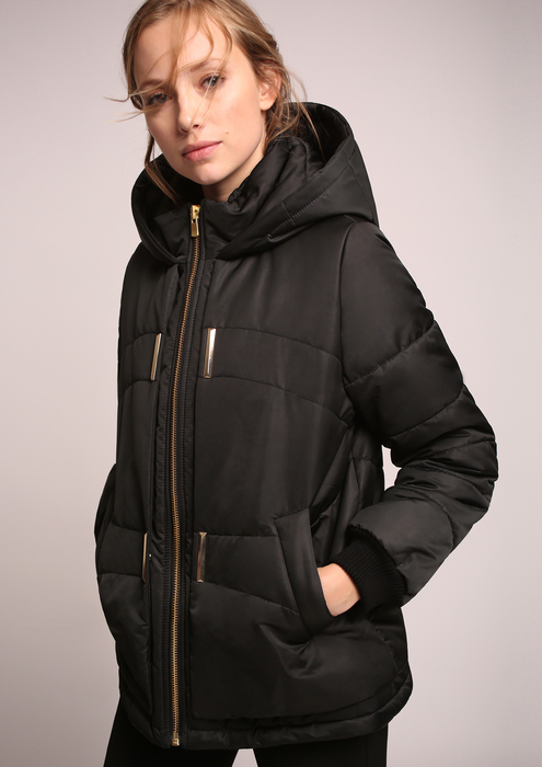 Black quilted parka.