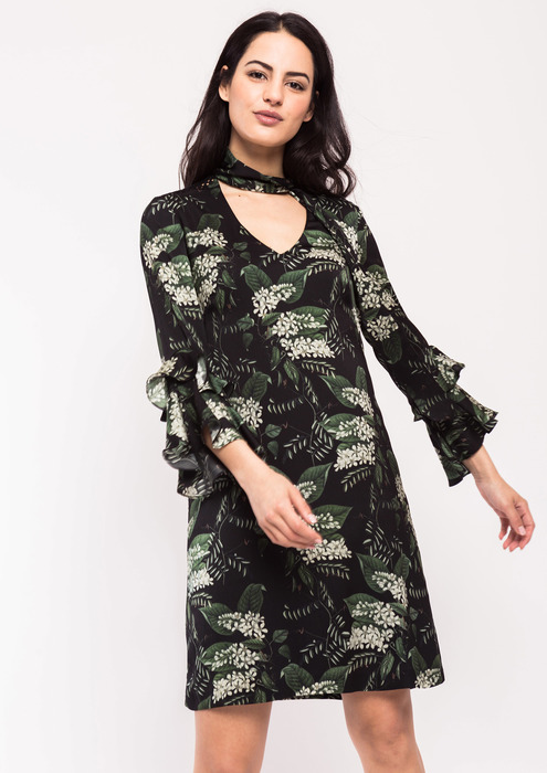 Short dress with green floral print dress