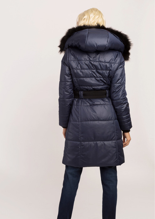 Long navy blue parka.