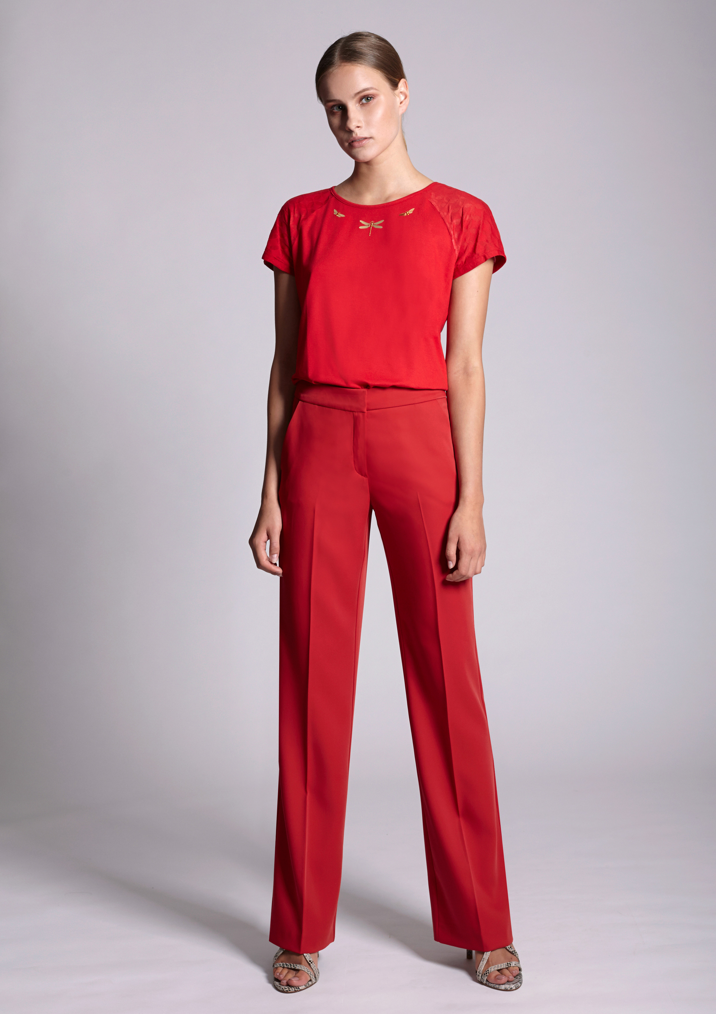 red wide leg trouser suit