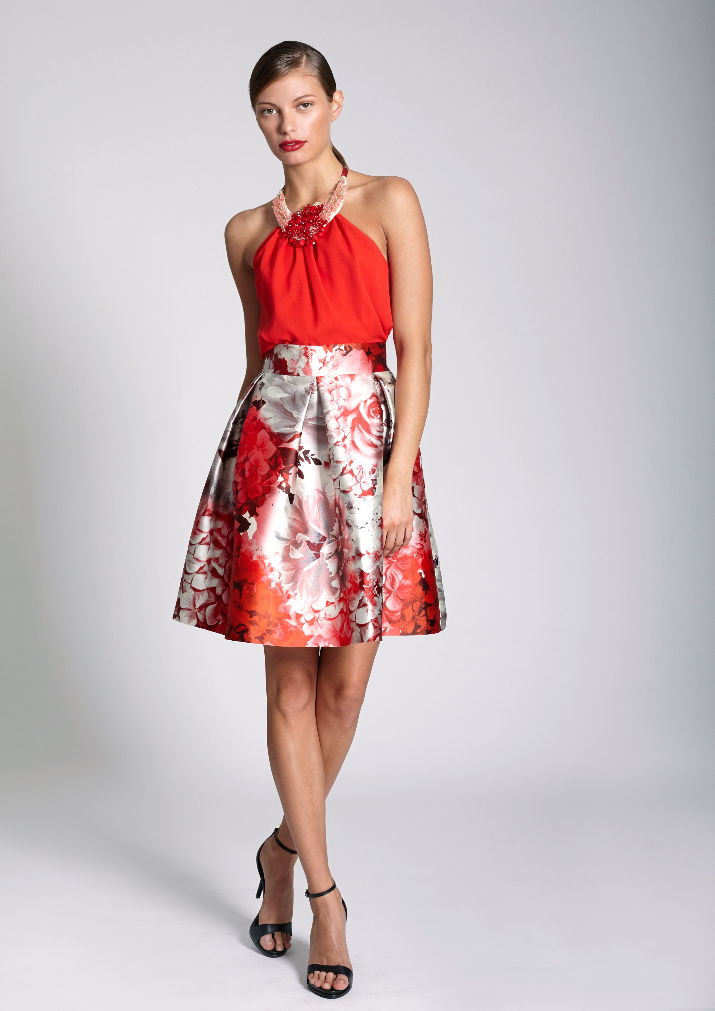 Red floral print skirt