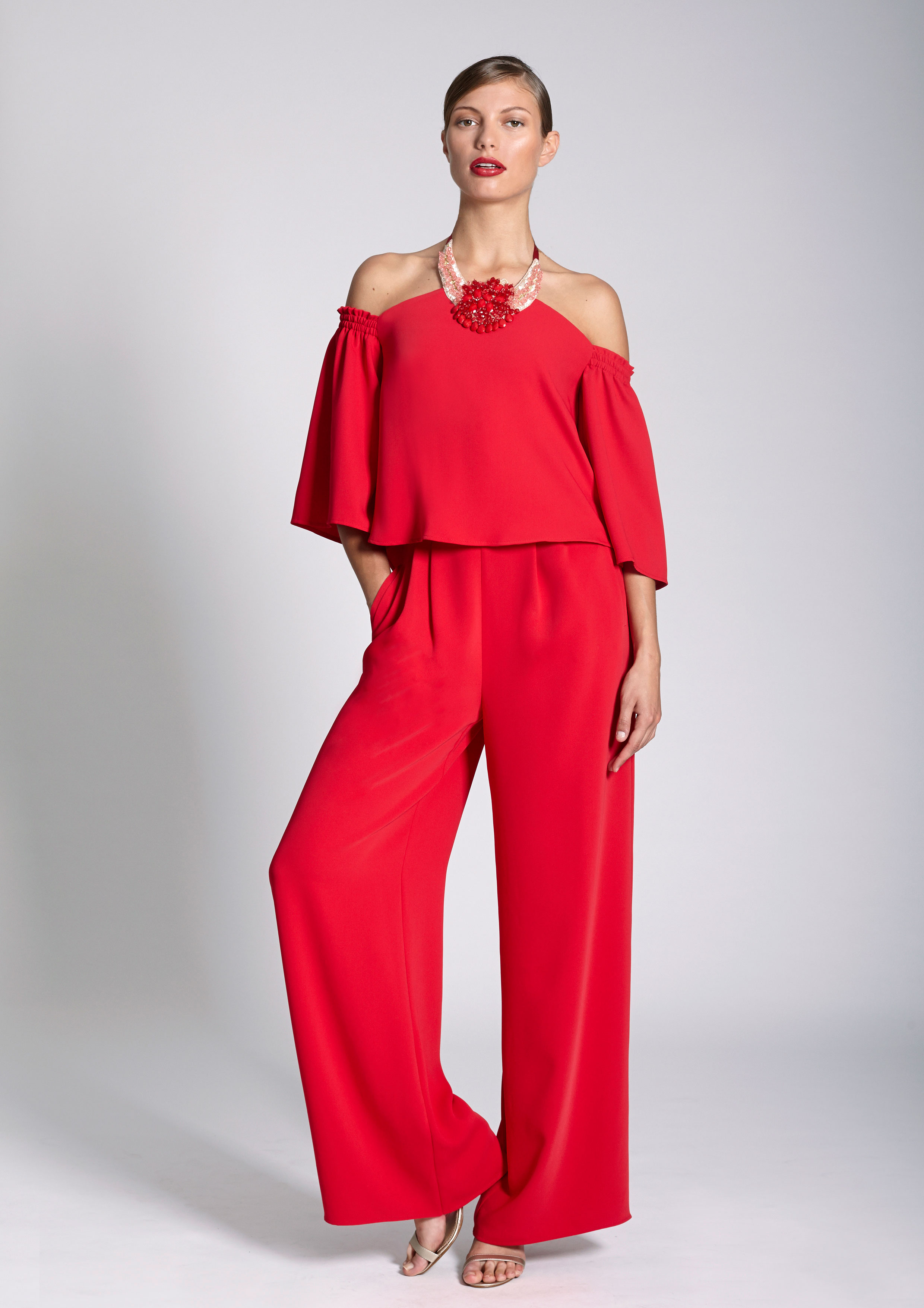 Red jumpsuit with embellished collar